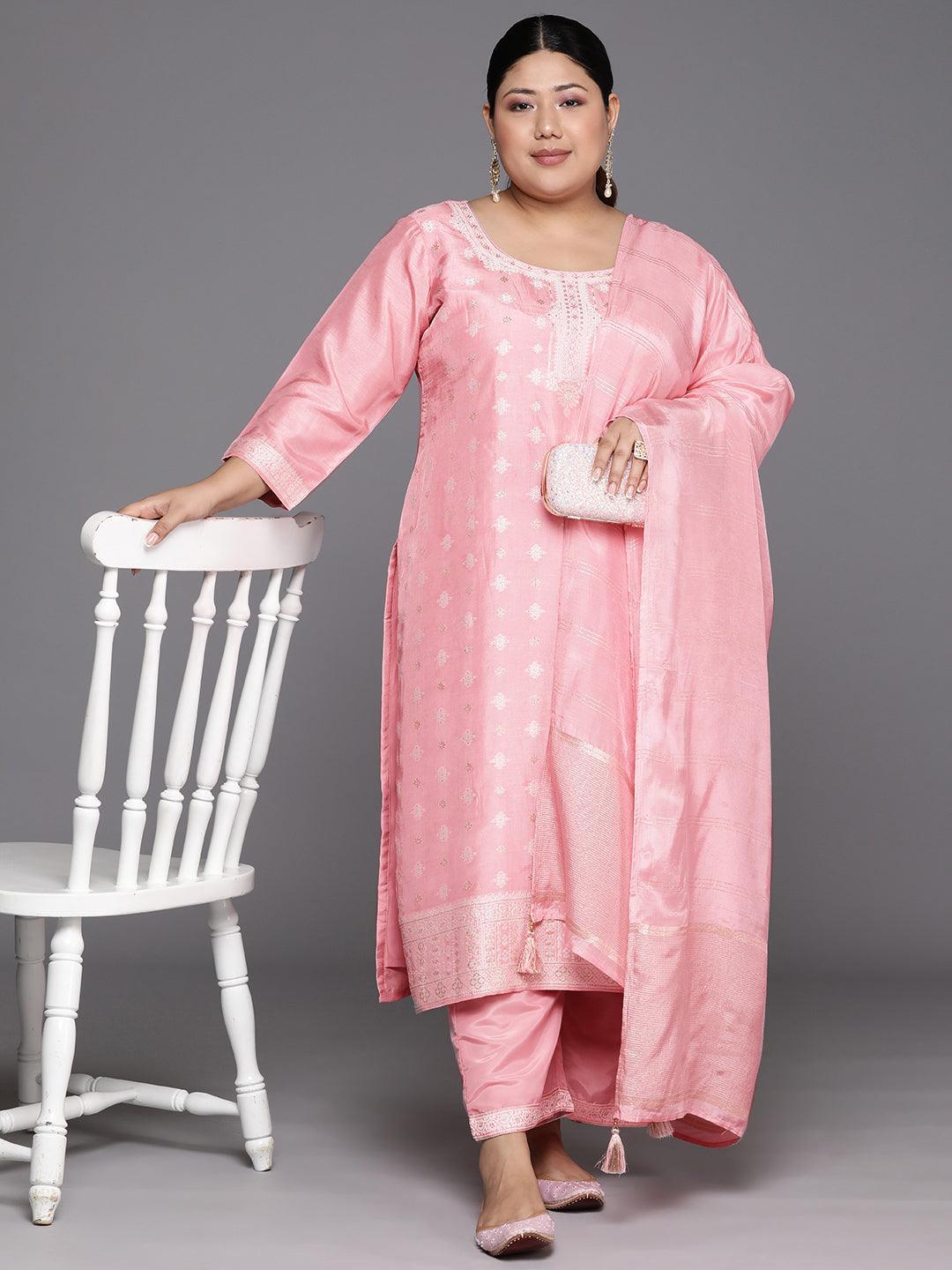 Plus Size Pink Woven Design Silk Blend Straight Kurta With Trousers & Dupatta