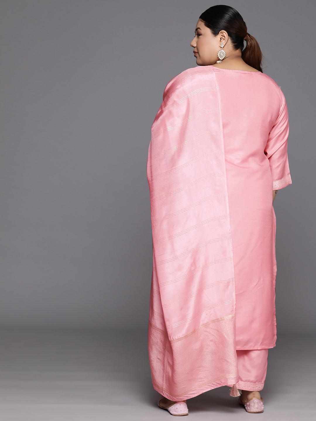 Plus Size Pink Woven Design Silk Blend Straight Kurta With Trousers & Dupatta