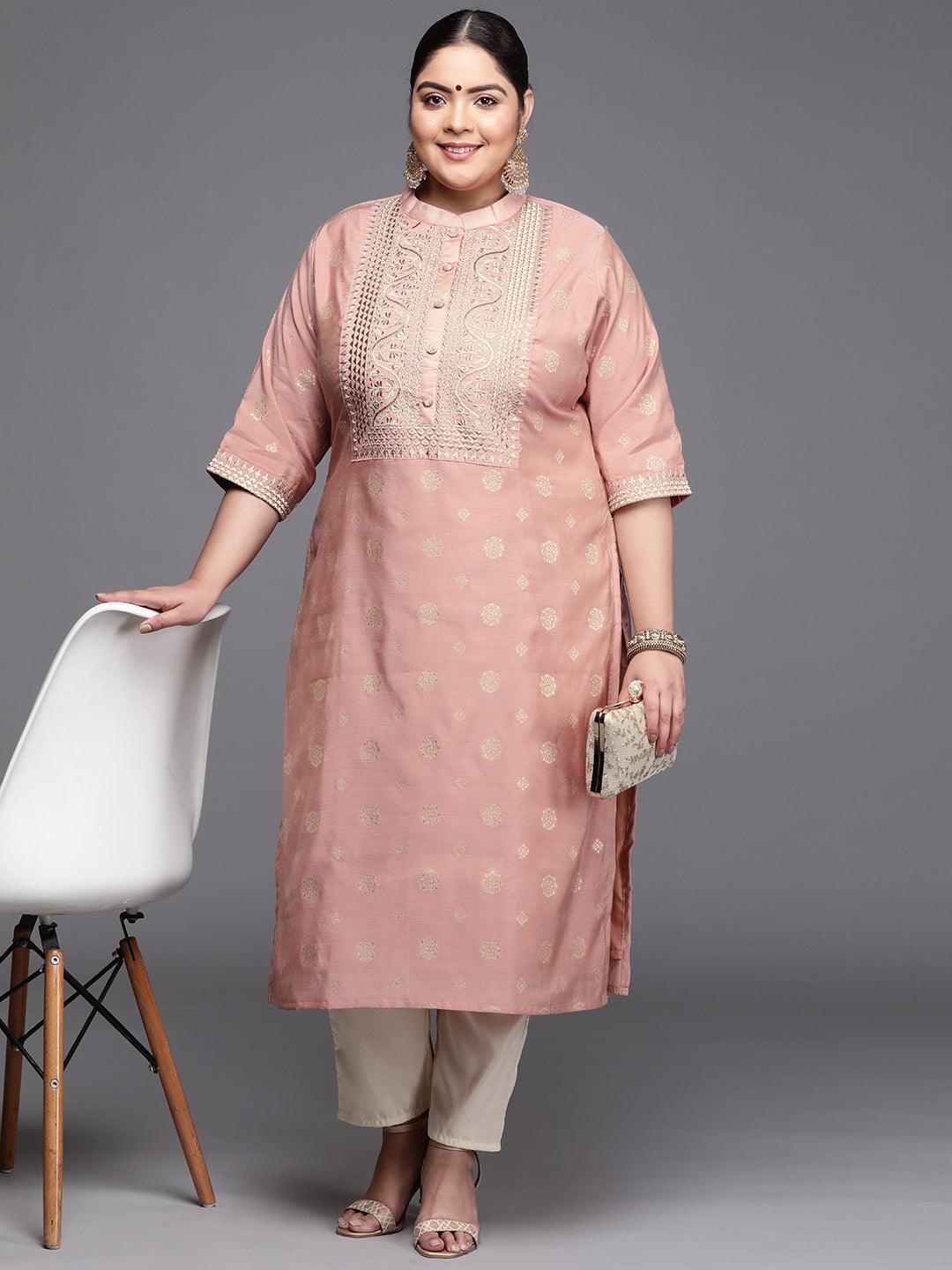 Plus Size Pink Yoke Design Chanderi Silk Kurta