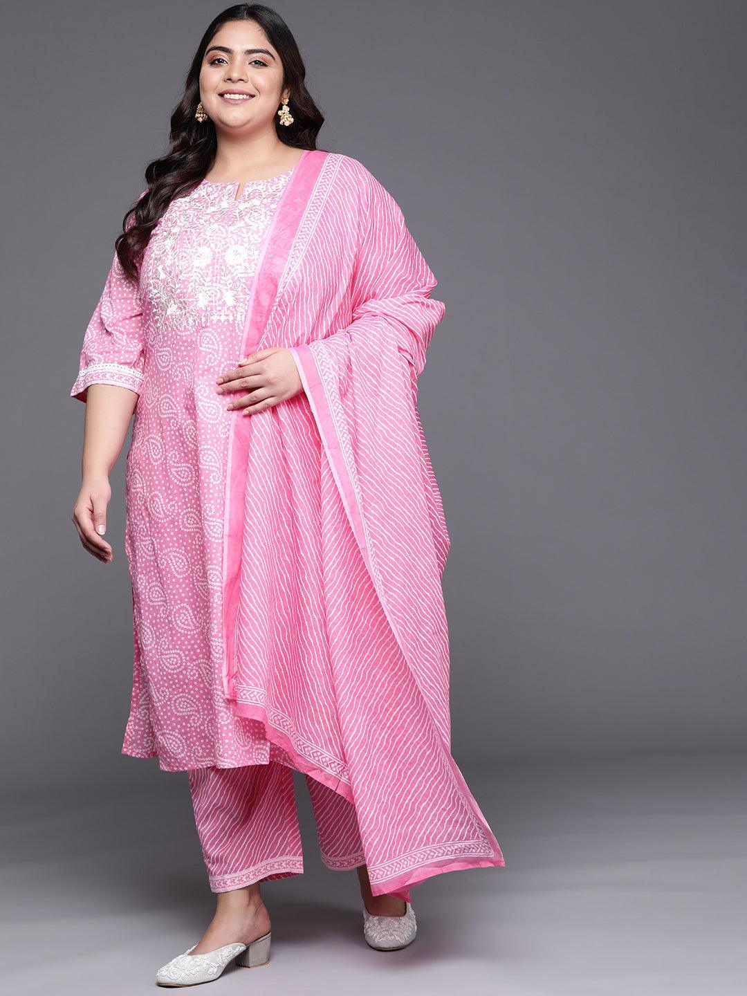 Plus Size Pink Yoke Design Cotton Straight Kurta With Dupatta