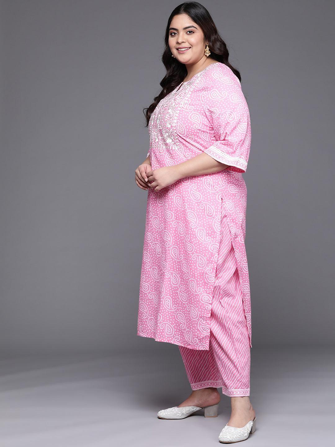 Plus Size Pink Yoke Design Cotton Straight Kurta With Dupatta