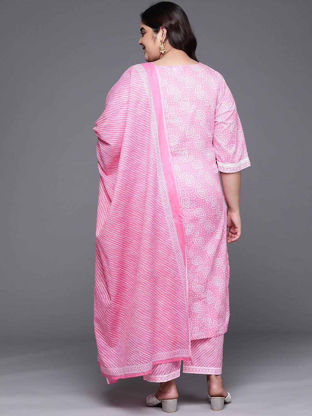 Plus Size Pink Yoke Design Cotton Straight Kurta With Dupatta