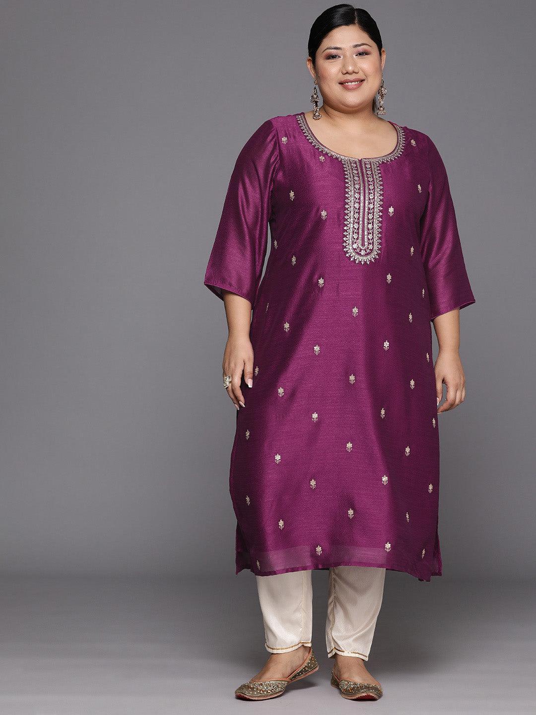 Plus Size Purple Embroidered Silk Straight Kurta