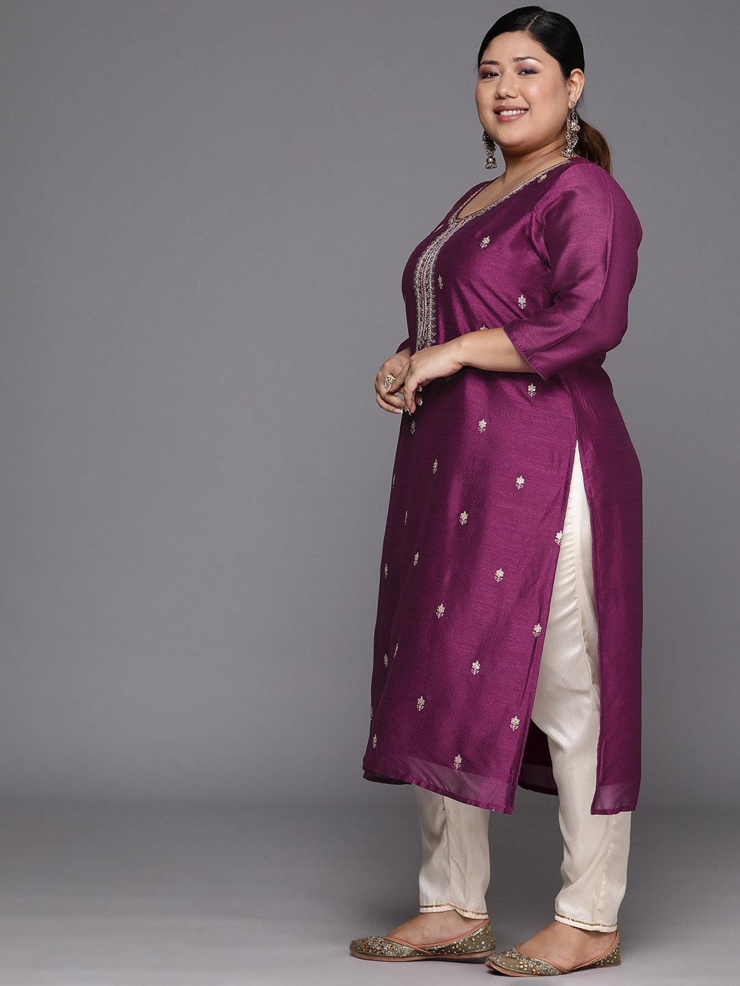 Plus Size Purple Embroidered Silk Straight Kurta