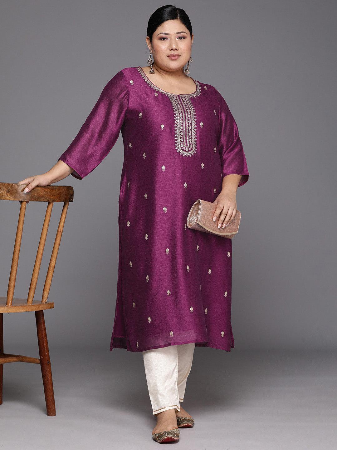 Plus Size Purple Embroidered Silk Straight Kurta