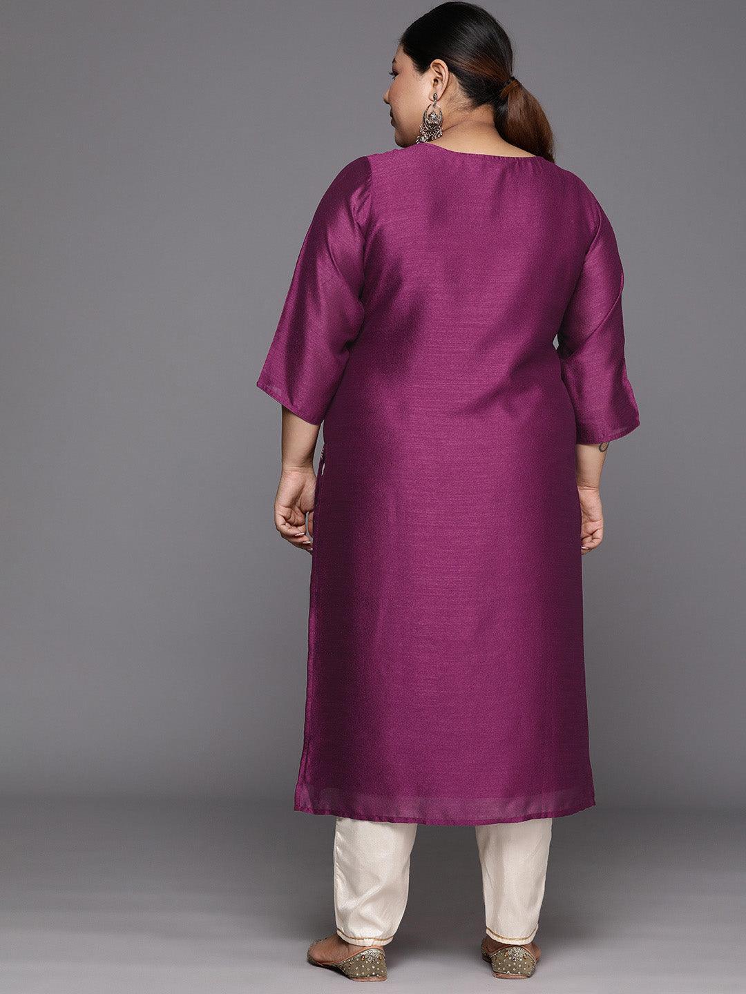 Plus Size Purple Embroidered Silk Straight Kurta