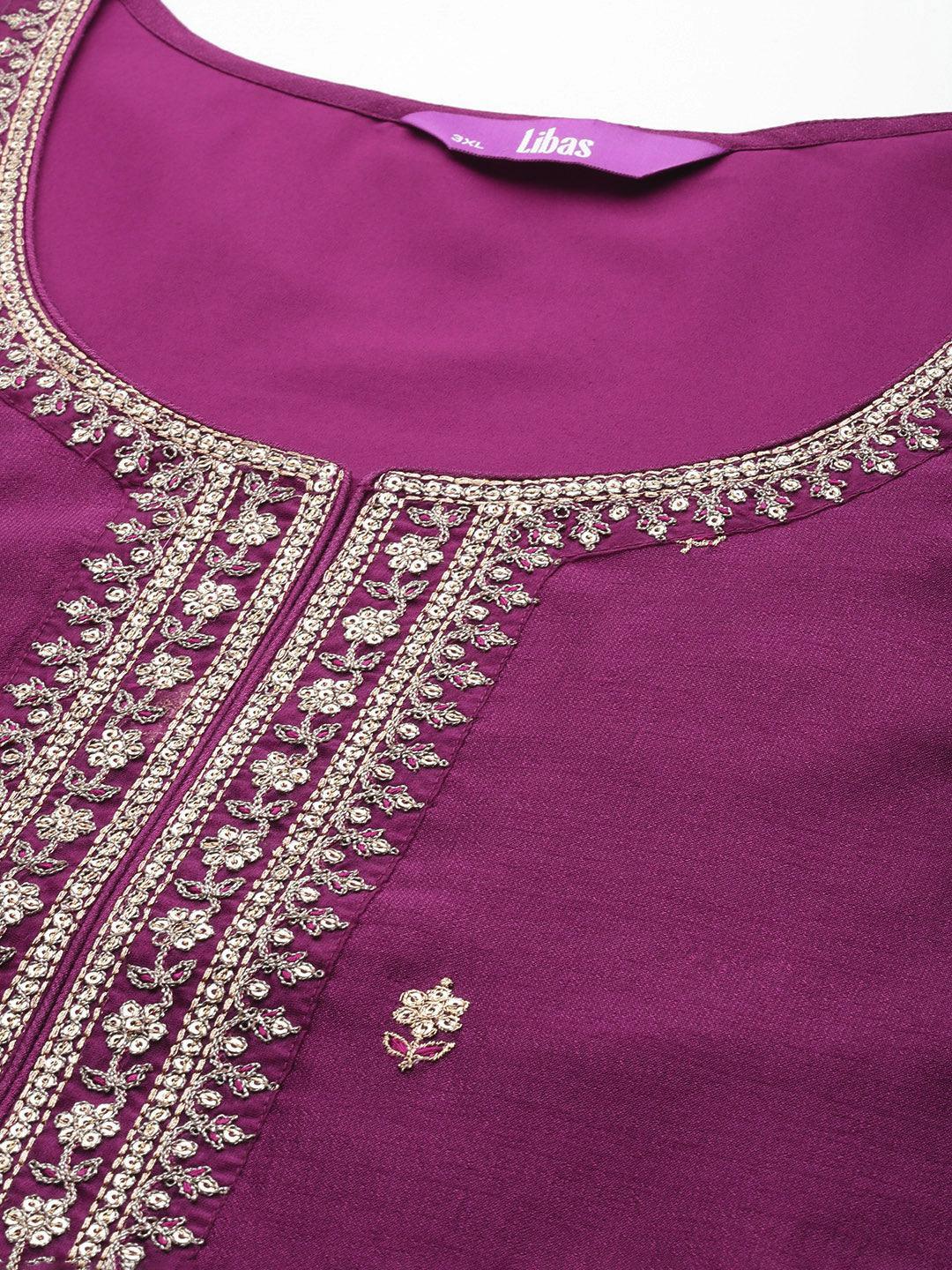 Plus Size Purple Embroidered Silk Straight Kurta