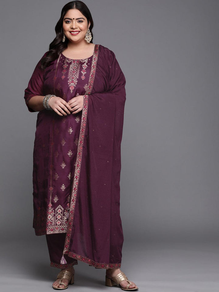 Plus Size Purple Self Design Silk Blend Suit Set - ShopLibas