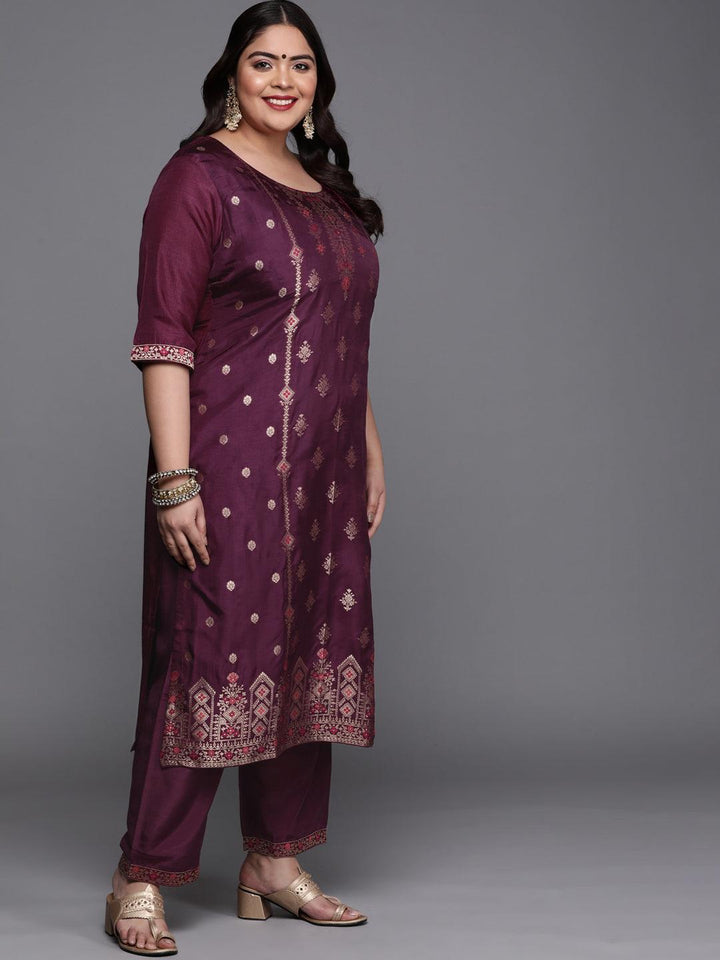 Plus Size Purple Self Design Silk Blend Suit Set - ShopLibas