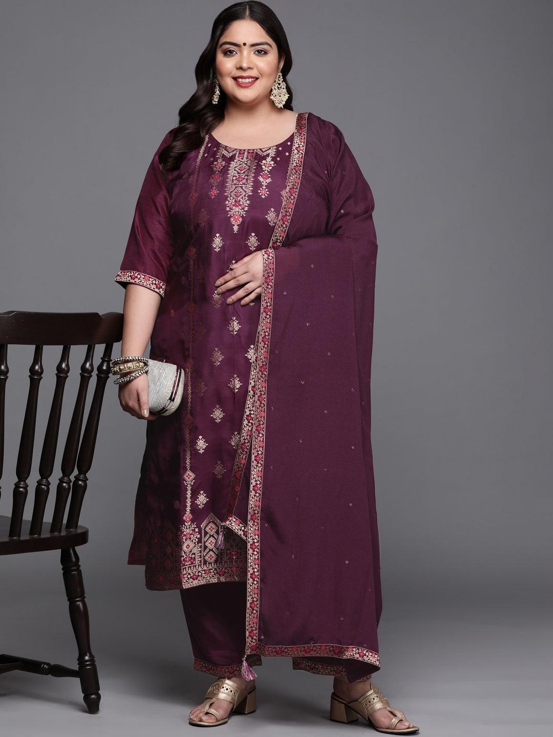 Plus Size Purple Self Design Silk Blend Suit Set