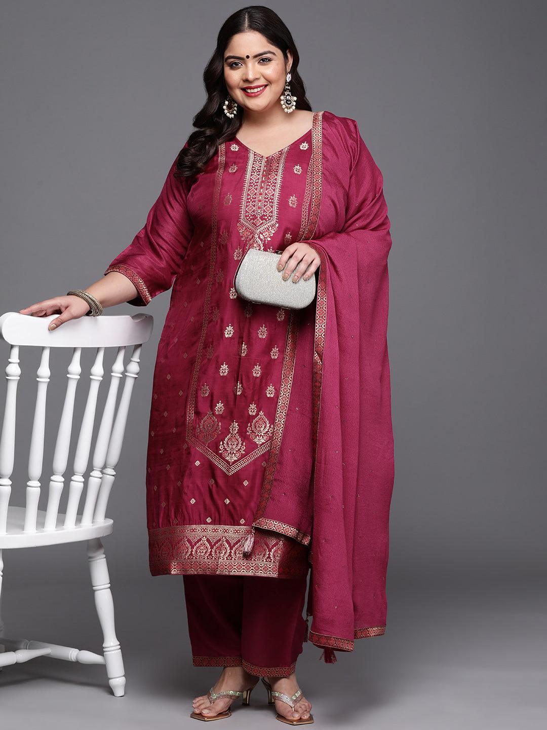 Plus Size Purple Self Design Silk Blend Suit Set