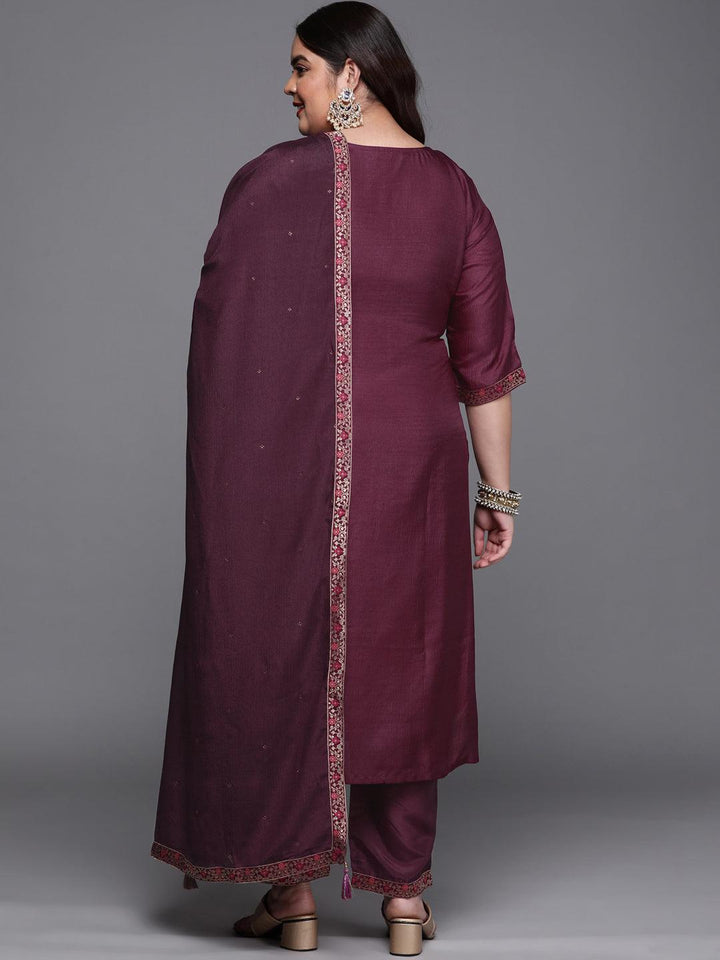 Plus Size Purple Self Design Silk Blend Suit Set - ShopLibas