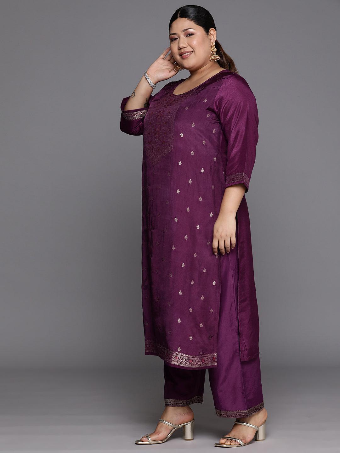 Plus Size Purple Woven Design Silk Blend Straight Kurta With Trousers & Dupatta