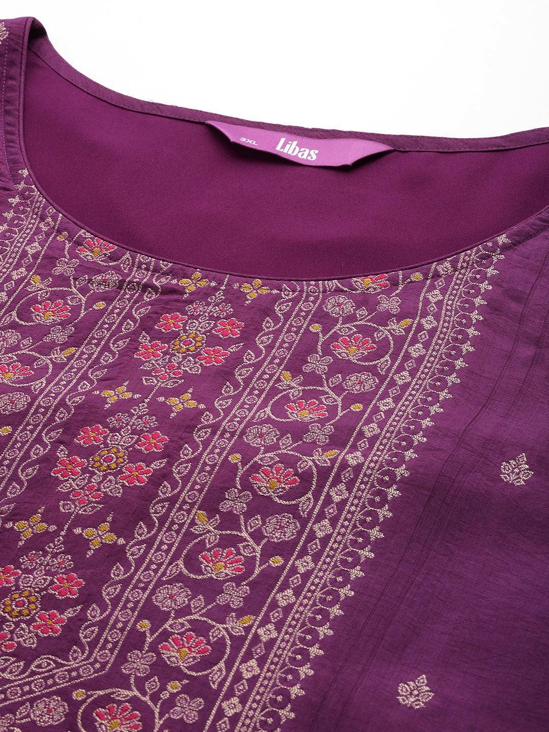 Plus Size Purple Woven Design Silk Blend Straight Kurta With Trousers & Dupatta