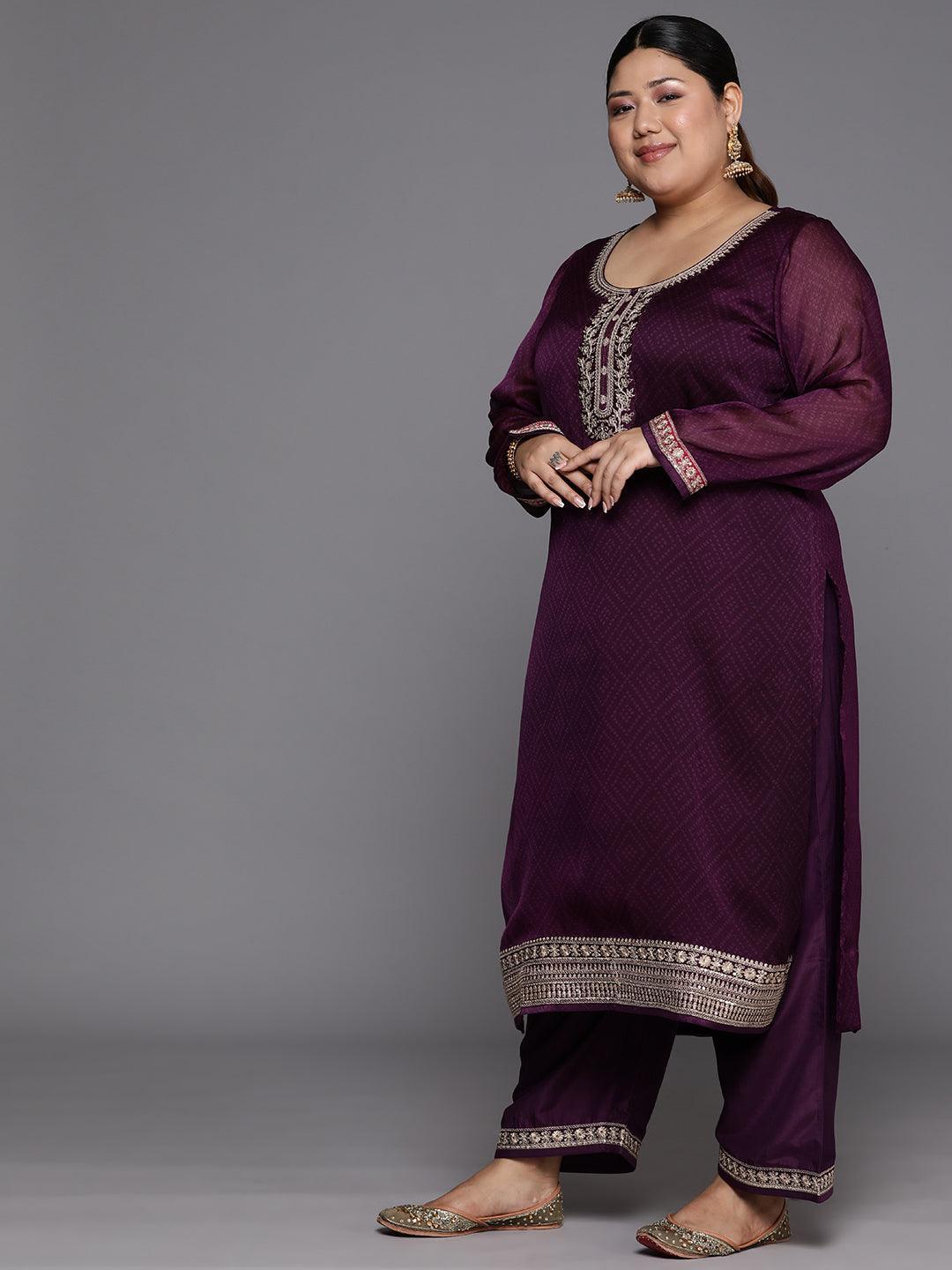 Plus Size Purple Yoke Design Chiffon Straight Kurta With Trousers & Dupatta