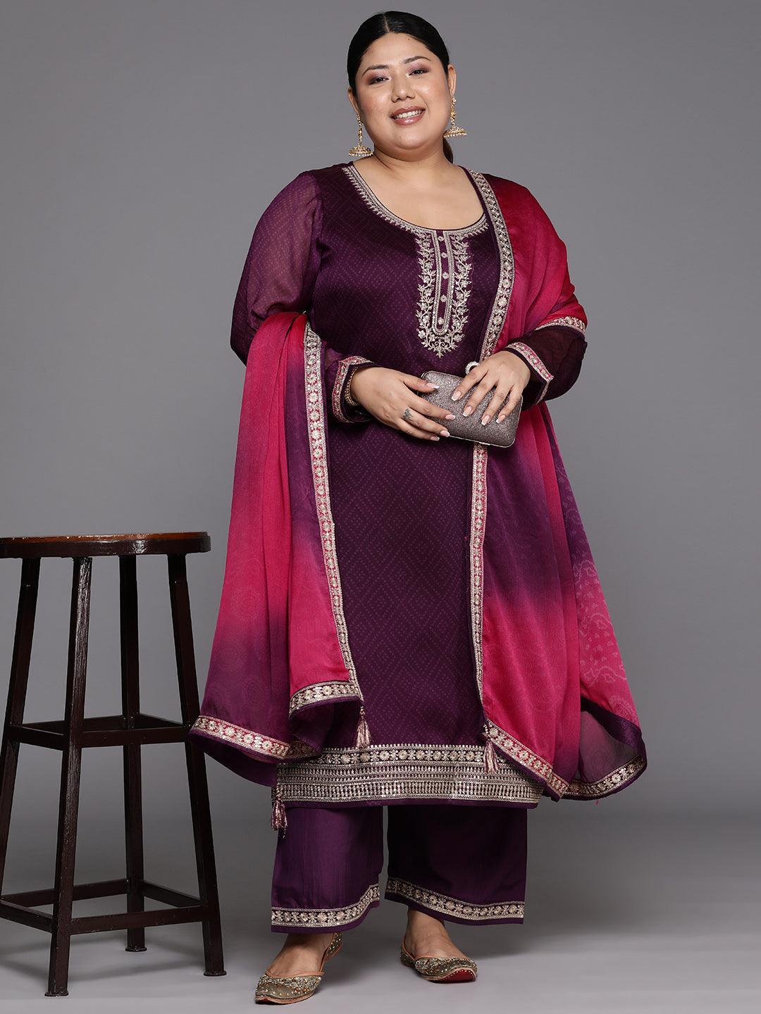 Plus Size Purple Yoke Design Chiffon Straight Kurta With Trousers & Dupatta