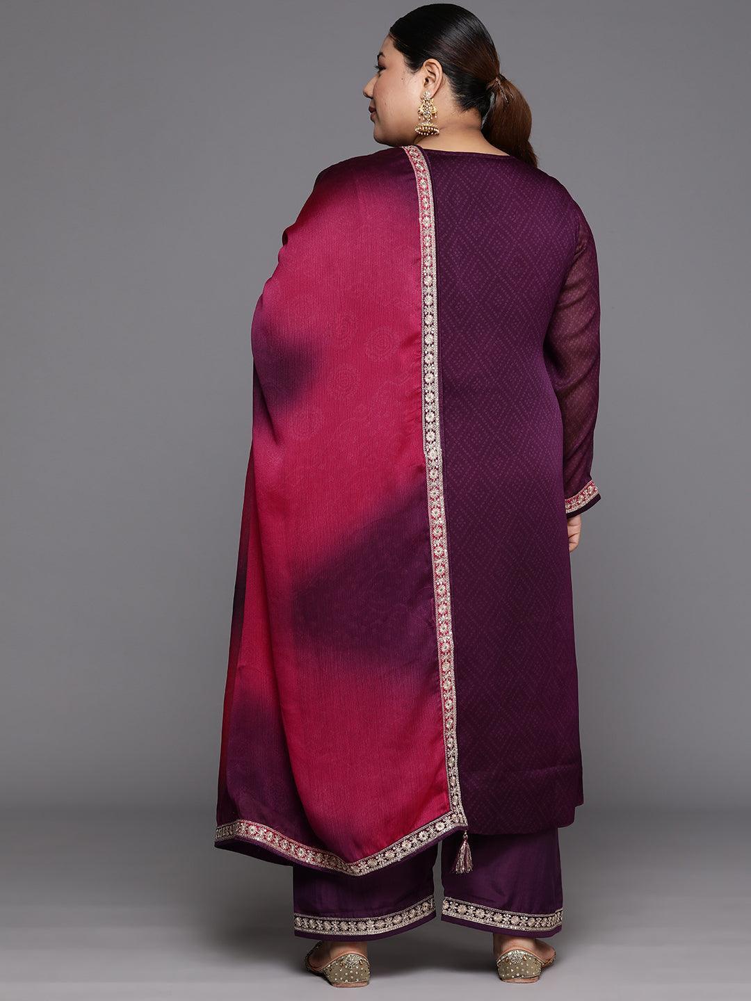 Plus Size Purple Yoke Design Chiffon Straight Kurta With Trousers & Dupatta