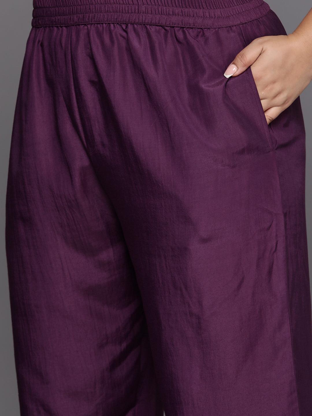 Plus Size Purple Yoke Design Chiffon Straight Kurta With Trousers & Dupatta