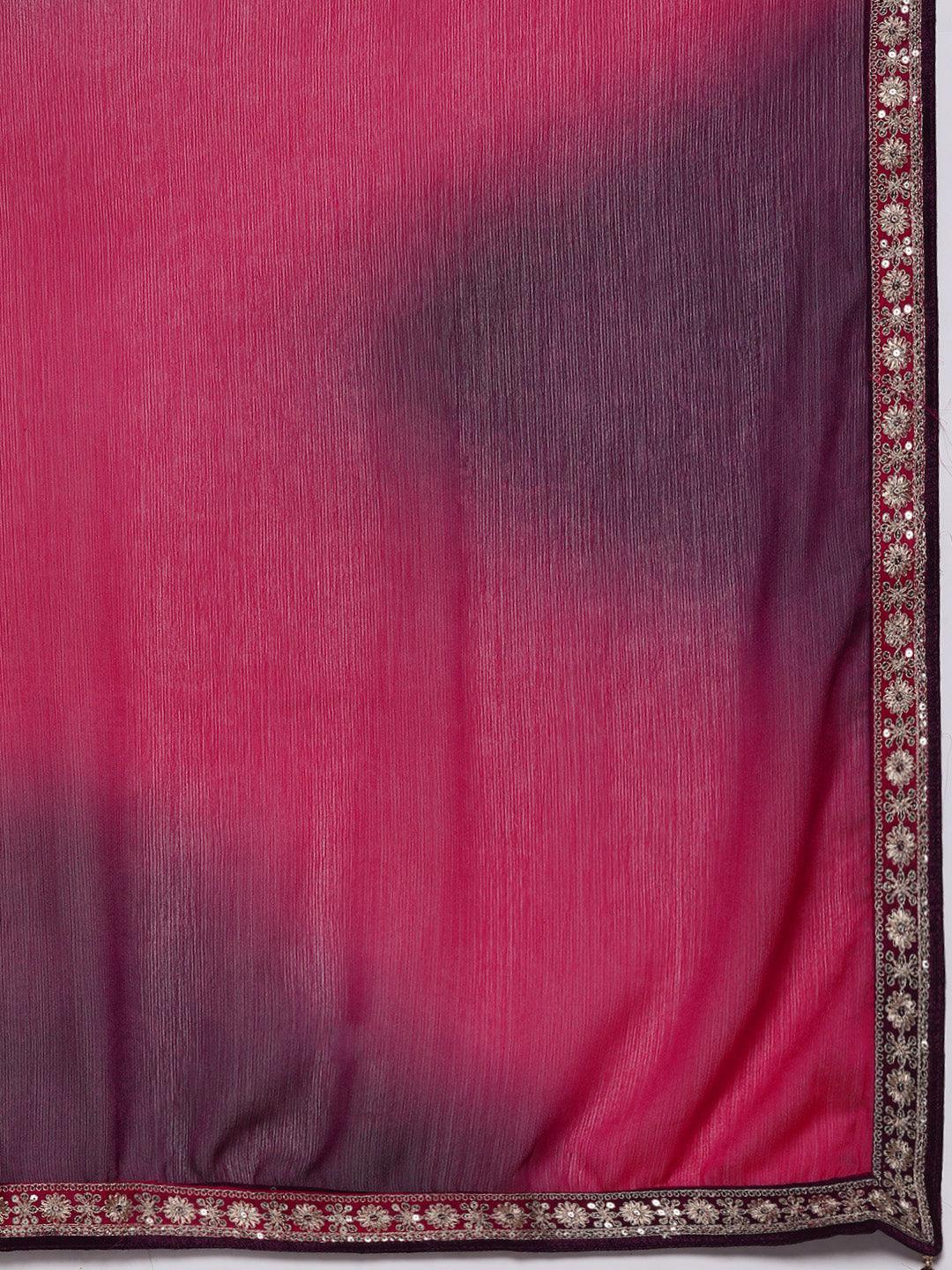 Plus Size Purple Yoke Design Chiffon Straight Kurta With Trousers & Dupatta