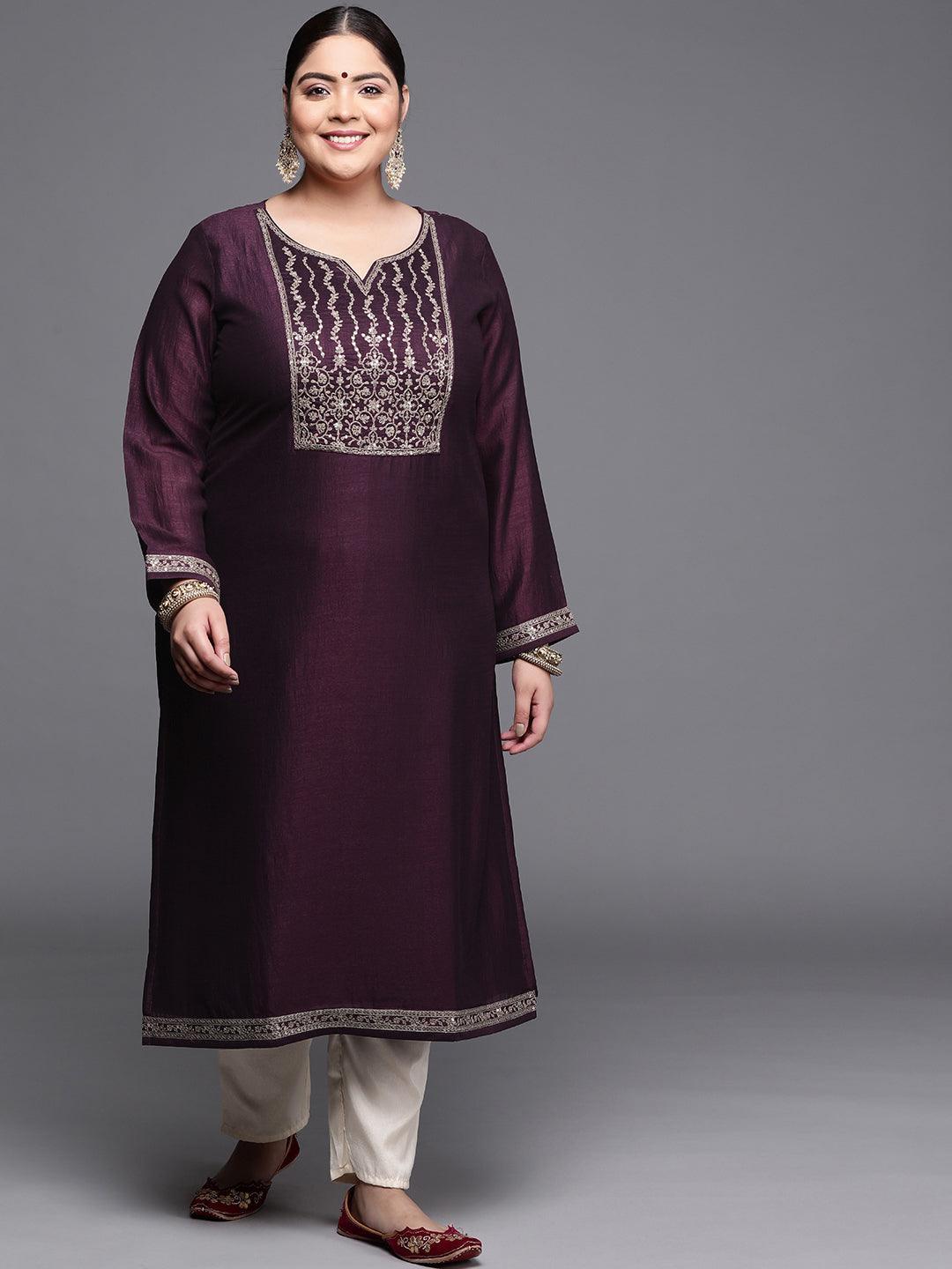 Plus Size Purple Yoke Design Silk Kurta