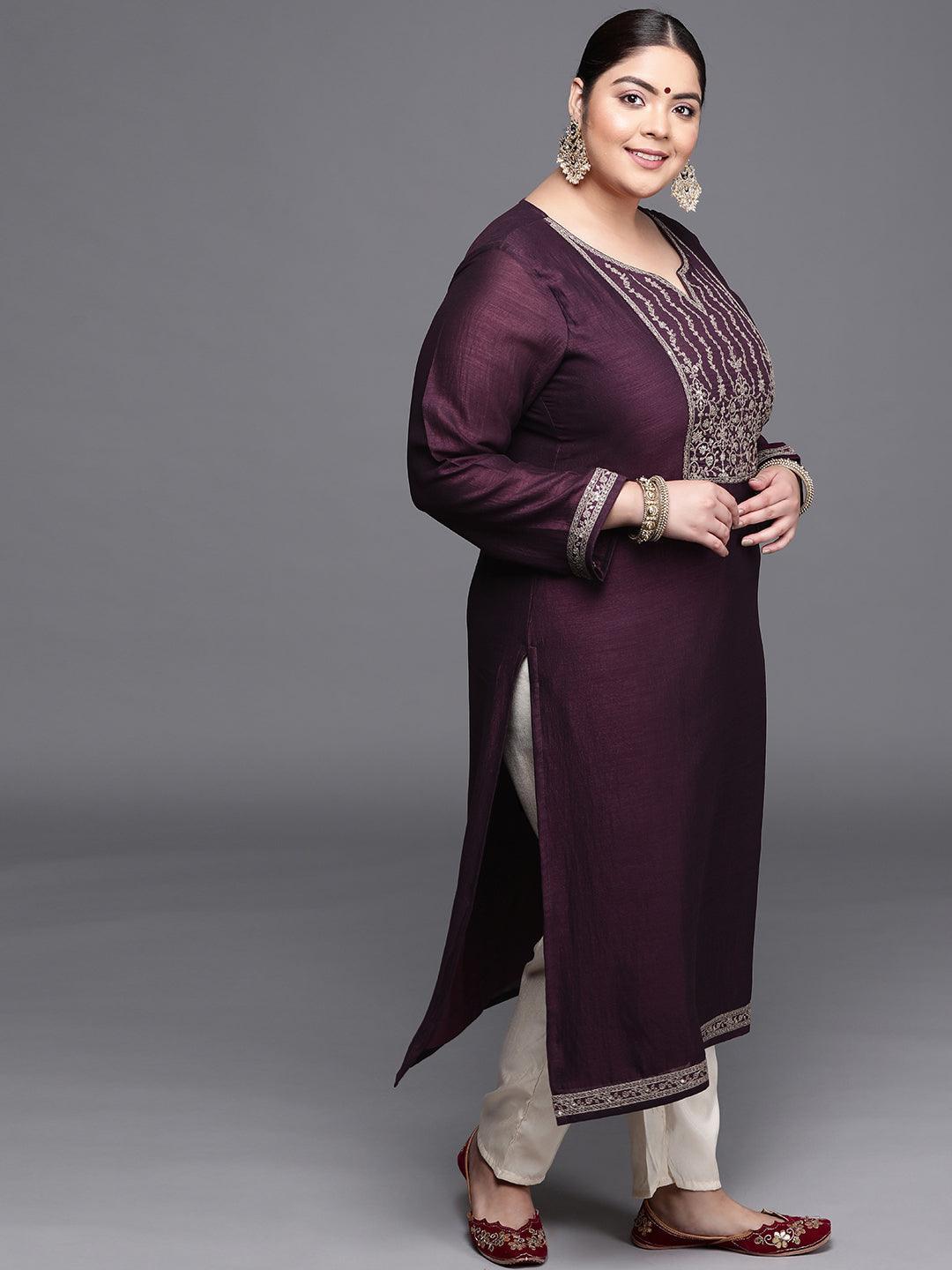 Plus Size Purple Yoke Design Silk Kurta