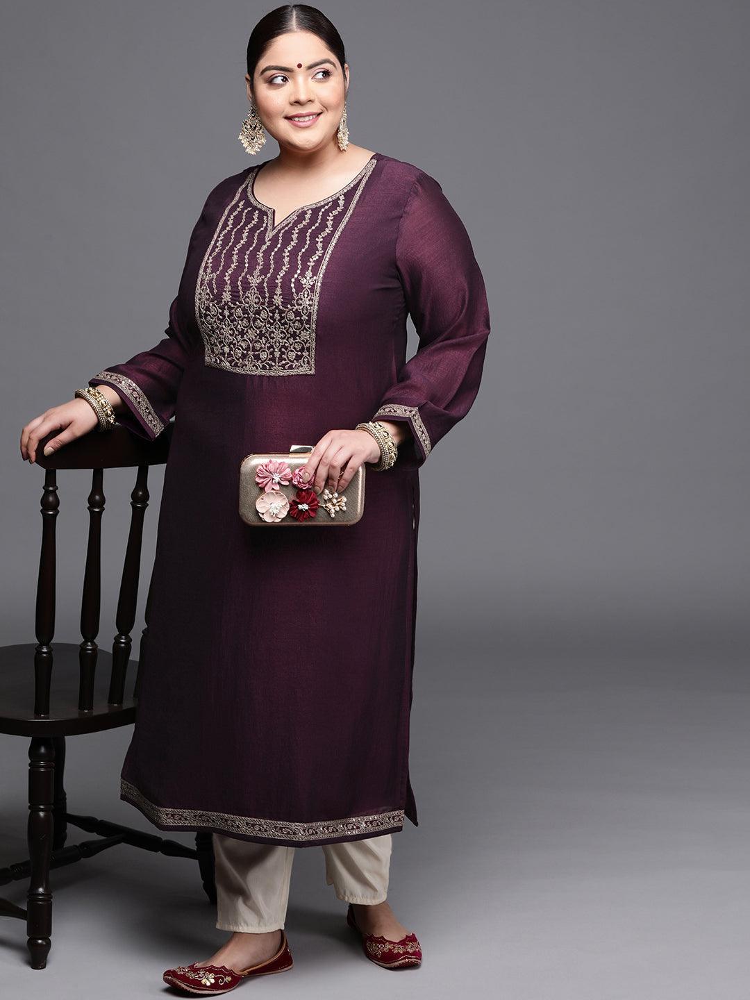 Plus Size Purple Yoke Design Silk Kurta