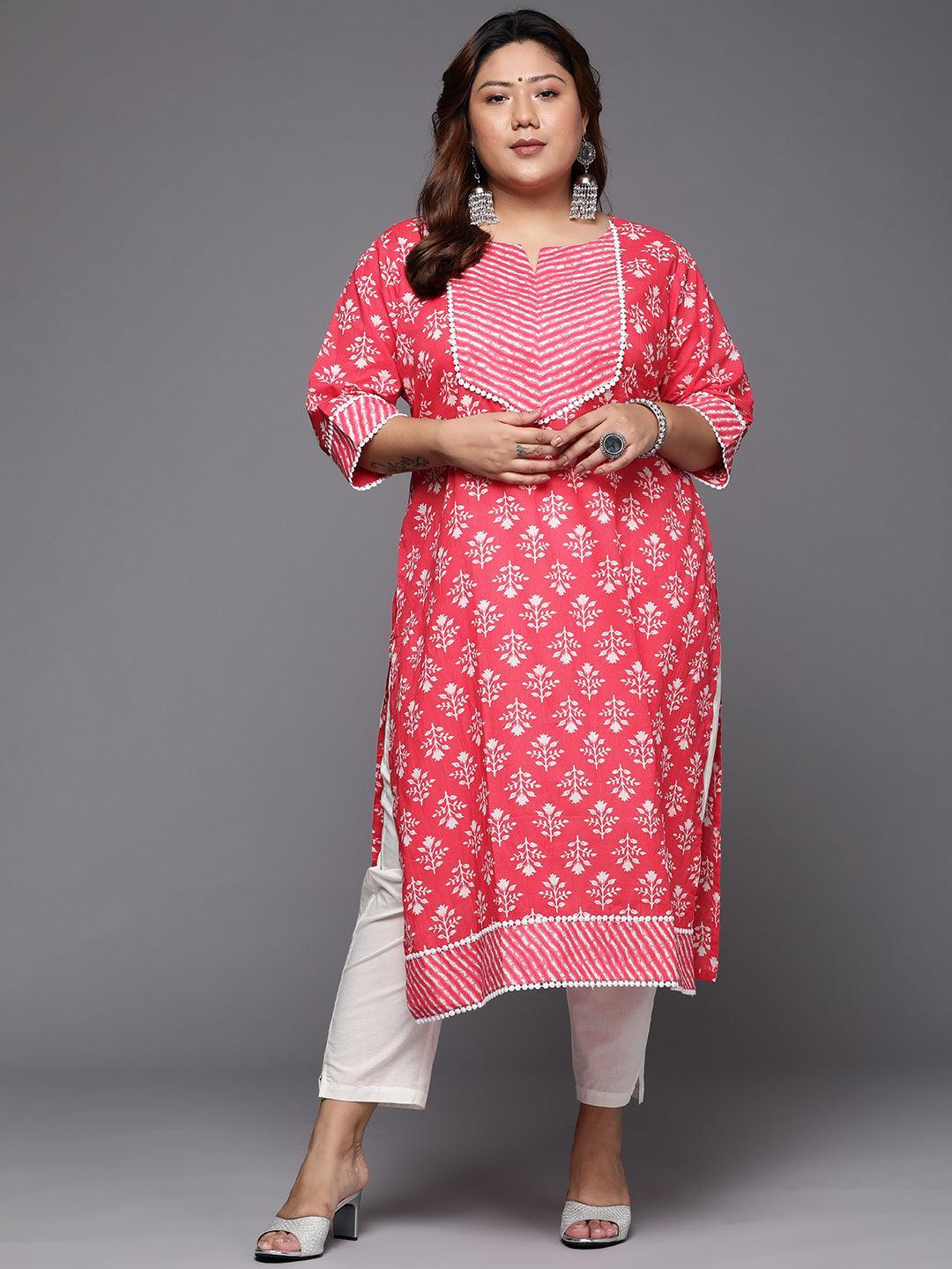 Plus Size Red Printed Cotton Straight Kurta