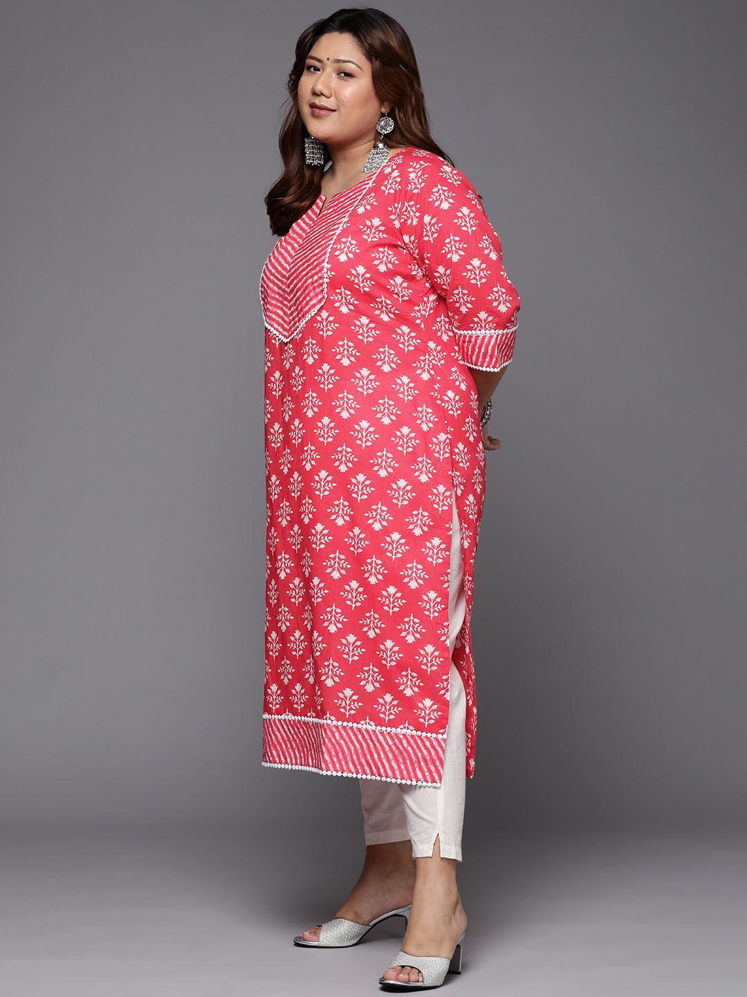 Plus Size Red Printed Cotton Straight Kurta