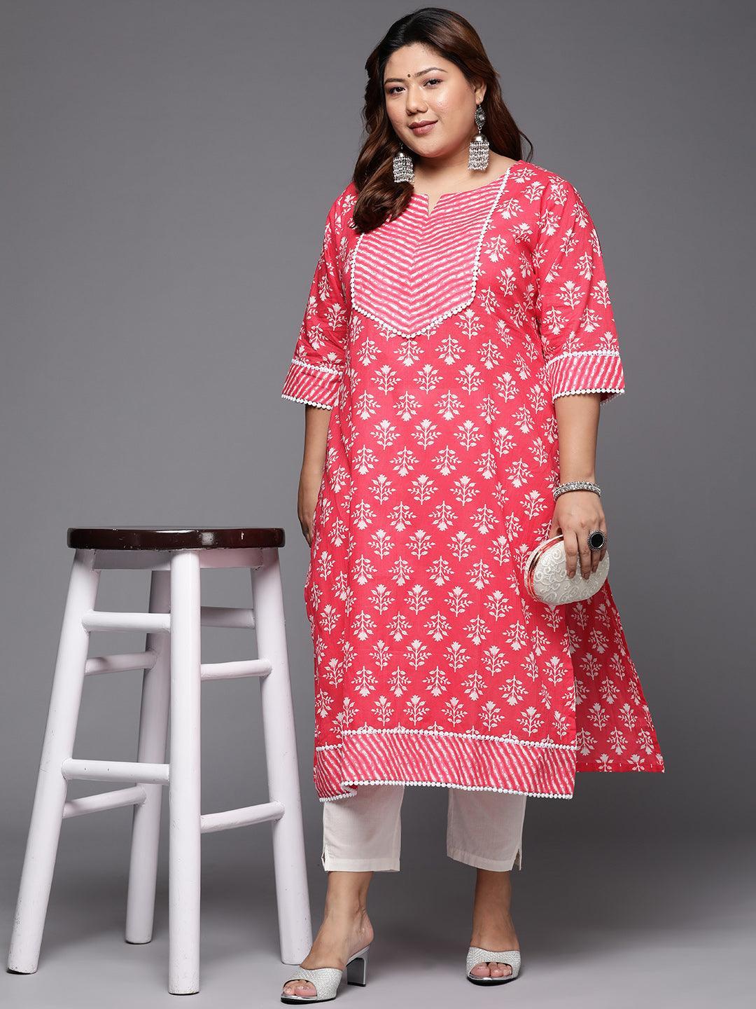 Plus Size Red Printed Cotton Straight Kurta