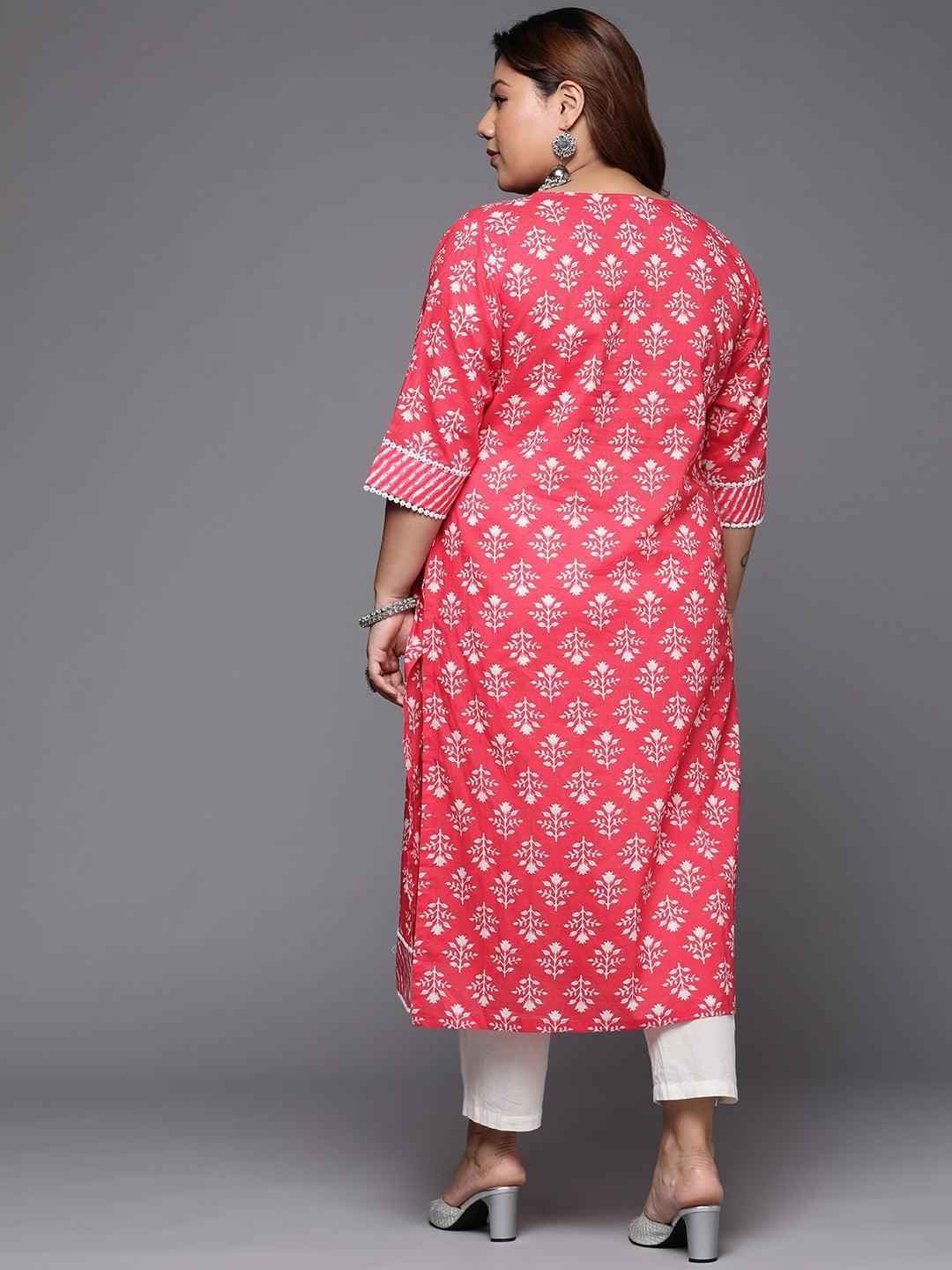 Plus Size Red Printed Cotton Straight Kurta