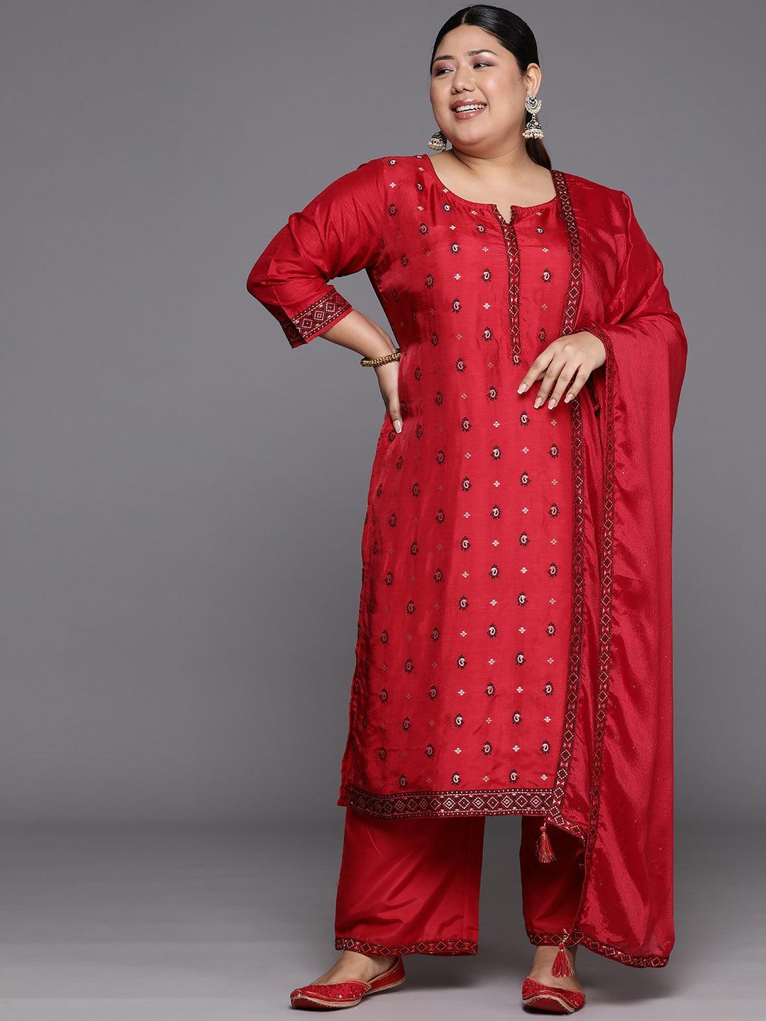 Plus Size Red Woven Design Silk Blend Straight Kurta With Trousers & Dupatta