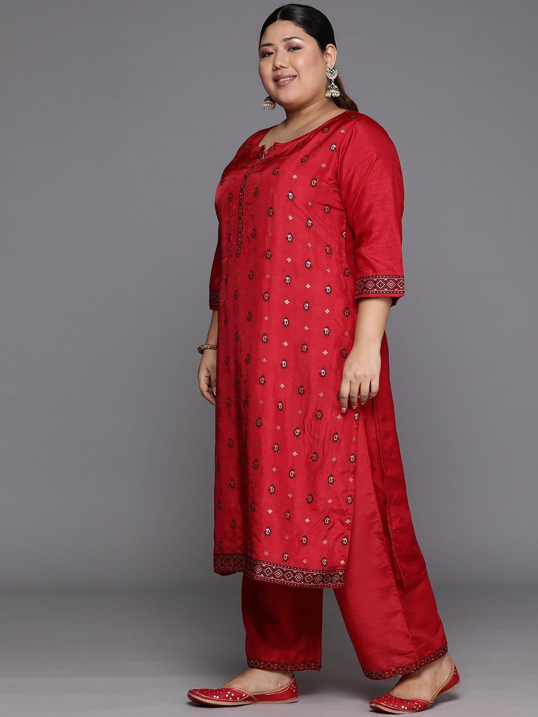 Plus Size Red Woven Design Silk Blend Straight Kurta With Trousers & Dupatta