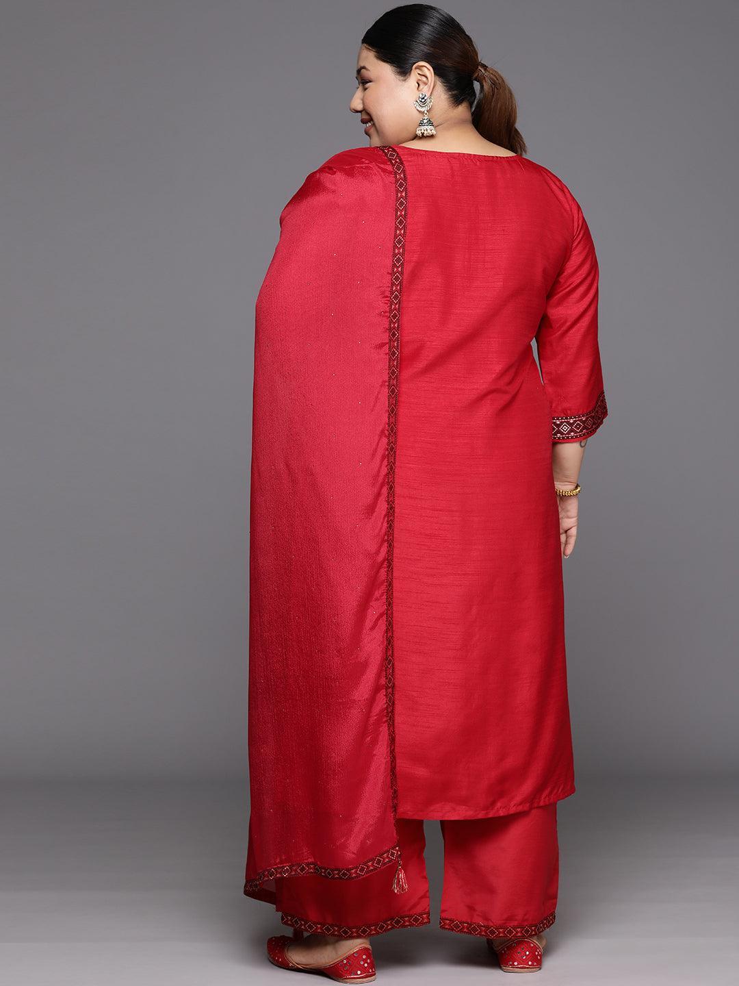 Plus Size Red Woven Design Silk Blend Straight Kurta With Trousers & Dupatta