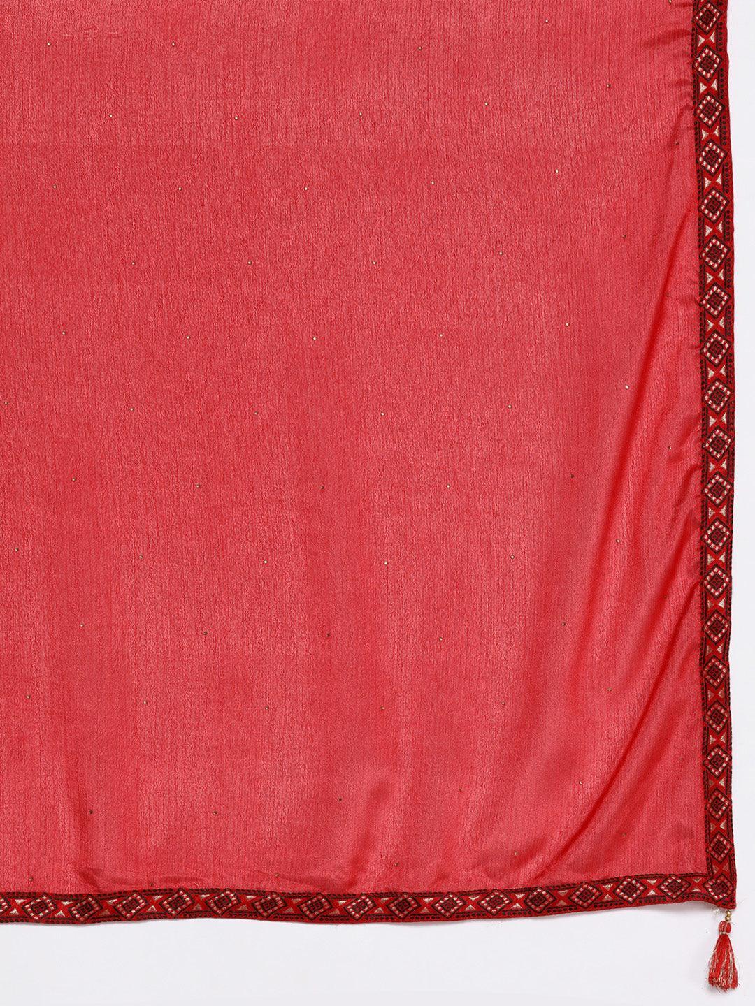 Plus Size Red Woven Design Silk Blend Straight Kurta With Trousers & Dupatta