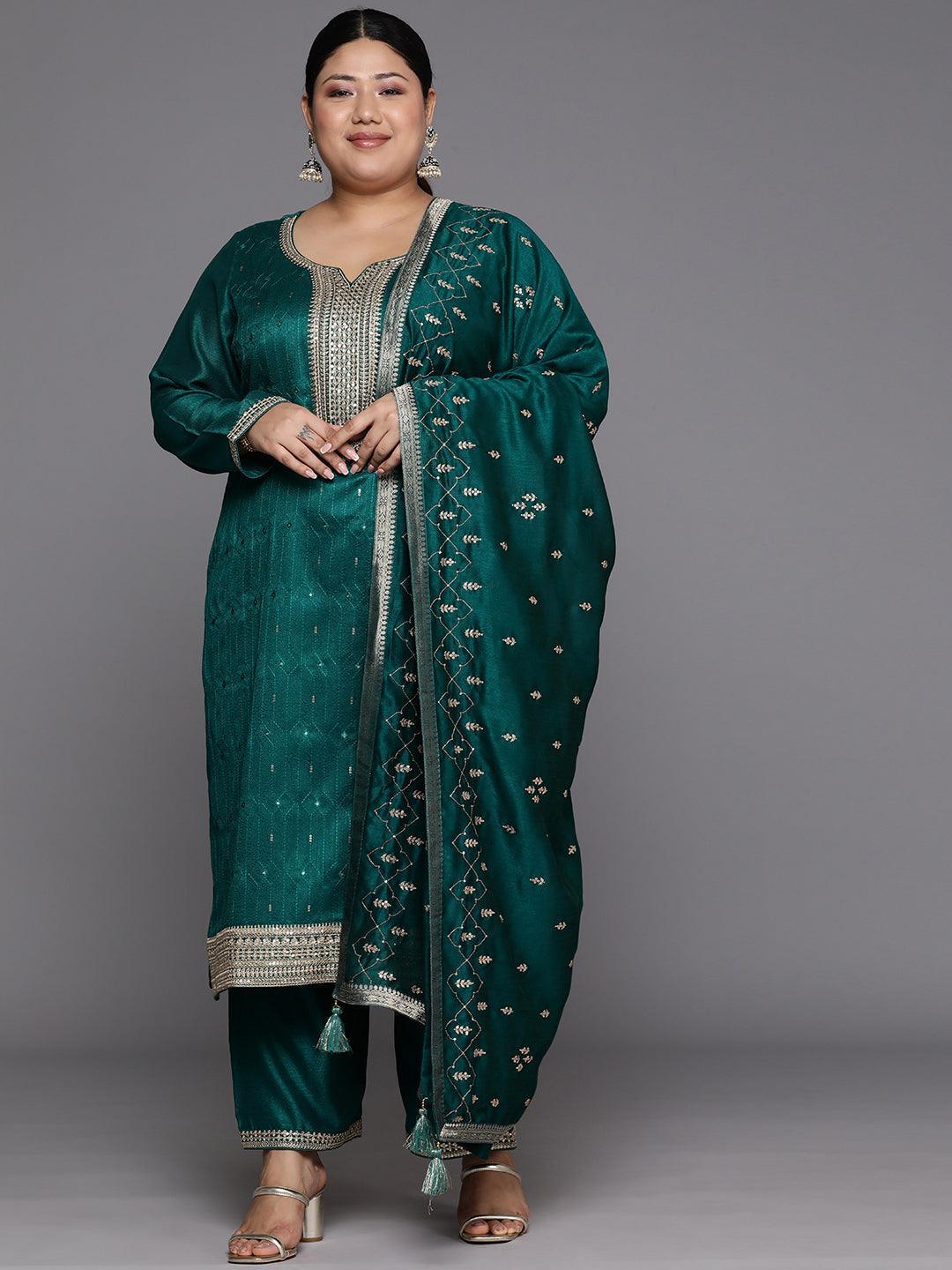 Plus Size Teal Embroidered Silk Blend Straight Kurta With Trousers & Dupatta