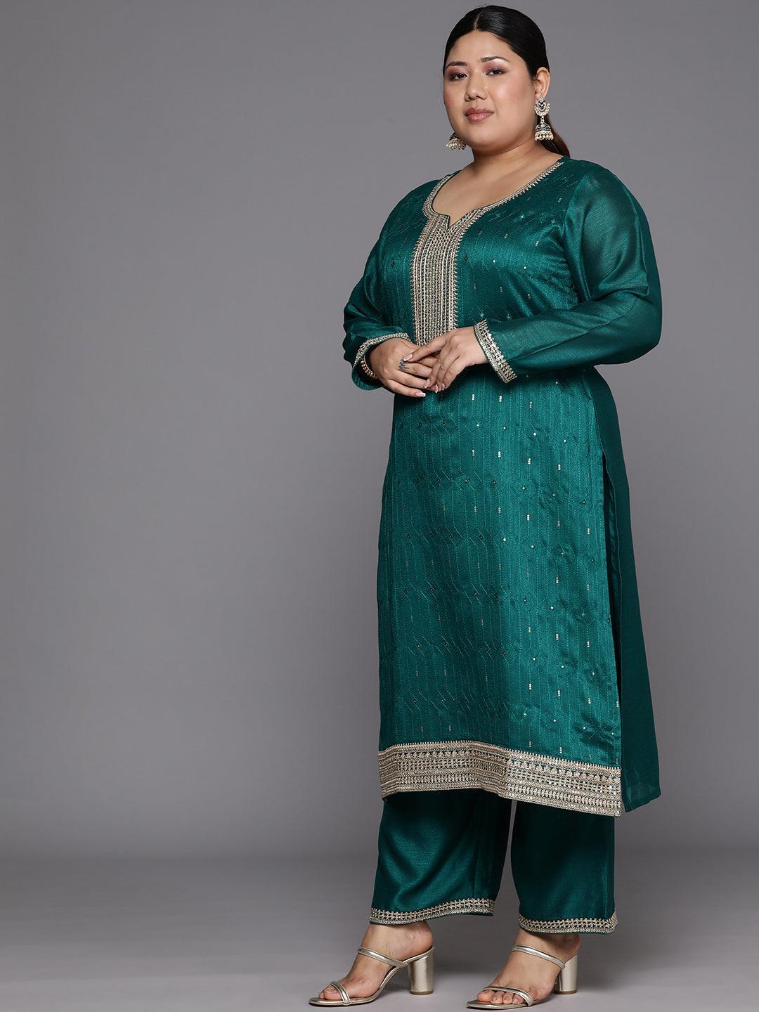 Plus Size Teal Embroidered Silk Blend Straight Kurta With Trousers & Dupatta