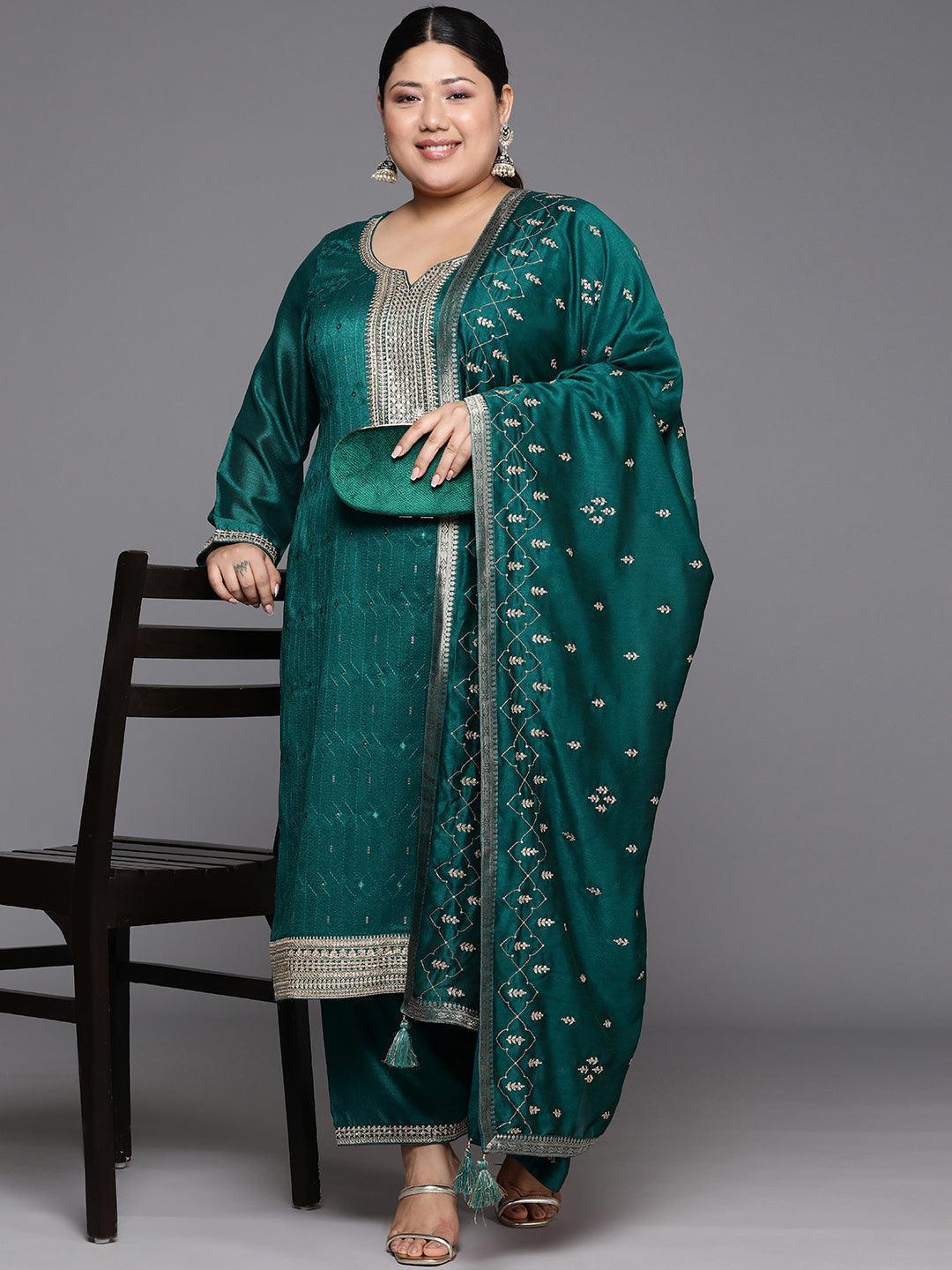 Plus Size Teal Embroidered Silk Blend Straight Kurta With Trousers & Dupatta