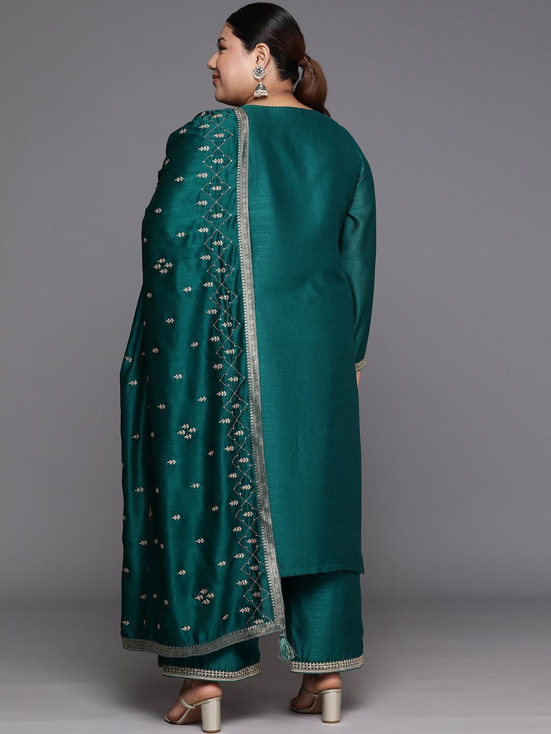 Plus Size Teal Embroidered Silk Blend Straight Kurta With Trousers & Dupatta