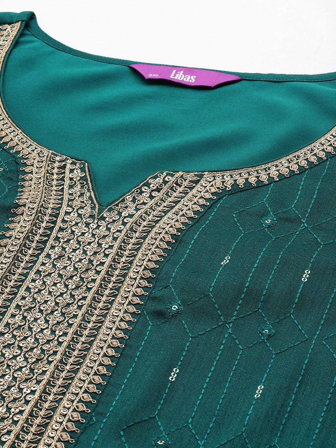 Plus Size Teal Embroidered Silk Blend Straight Kurta With Trousers & Dupatta