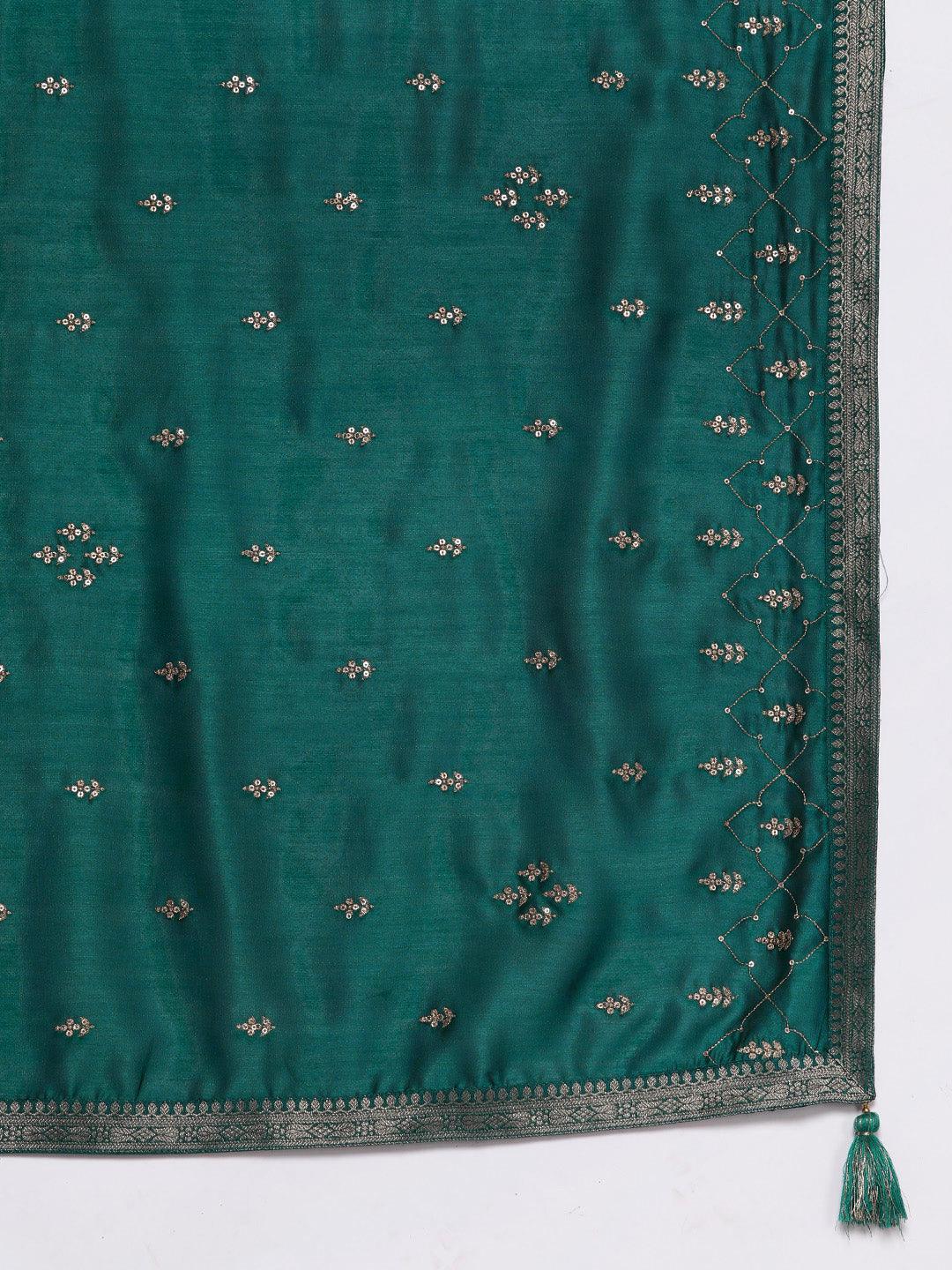 Plus Size Teal Embroidered Silk Blend Straight Kurta With Trousers & Dupatta