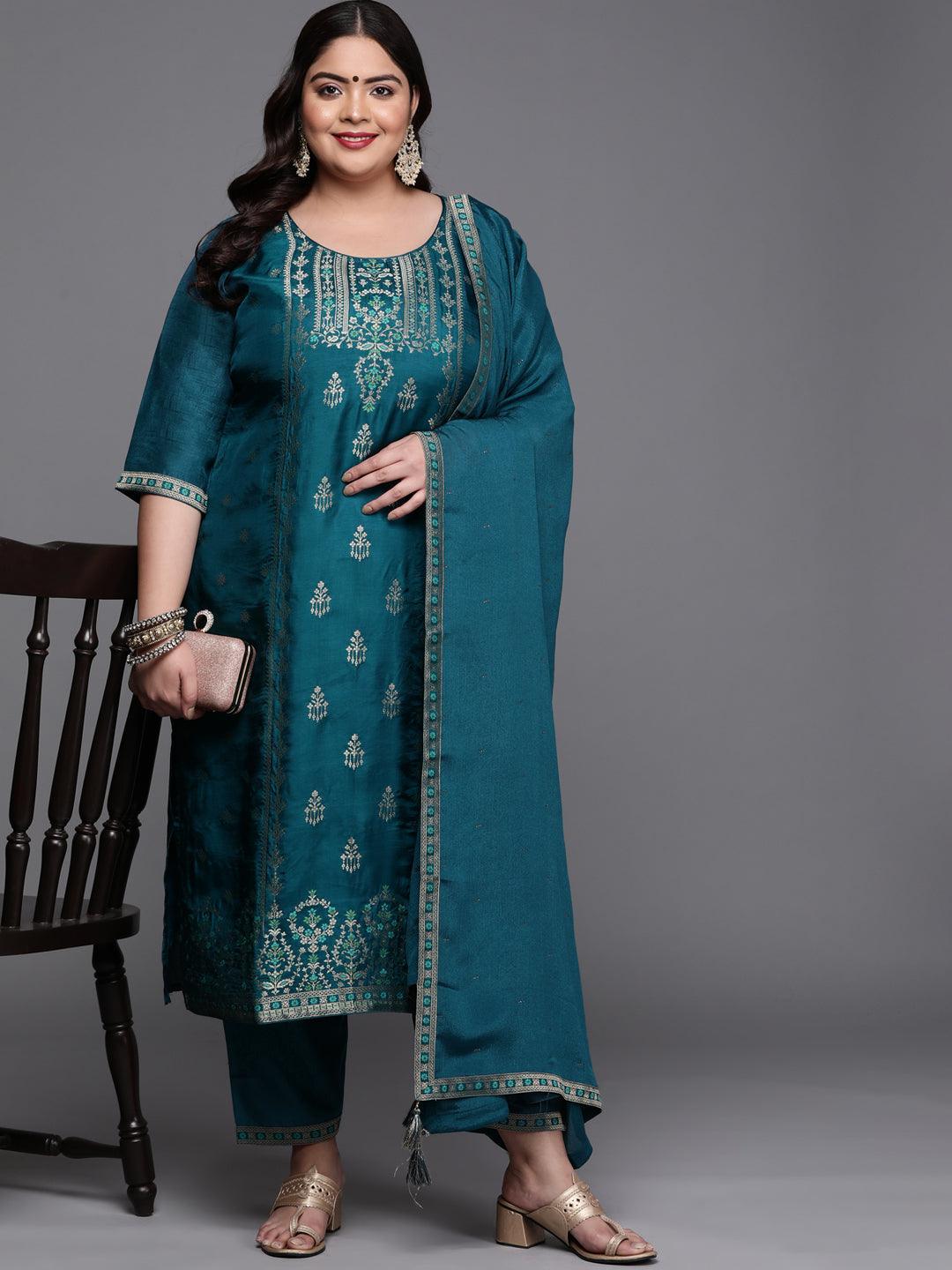 Plus Size Teal Self Design Silk Blend Suit Set