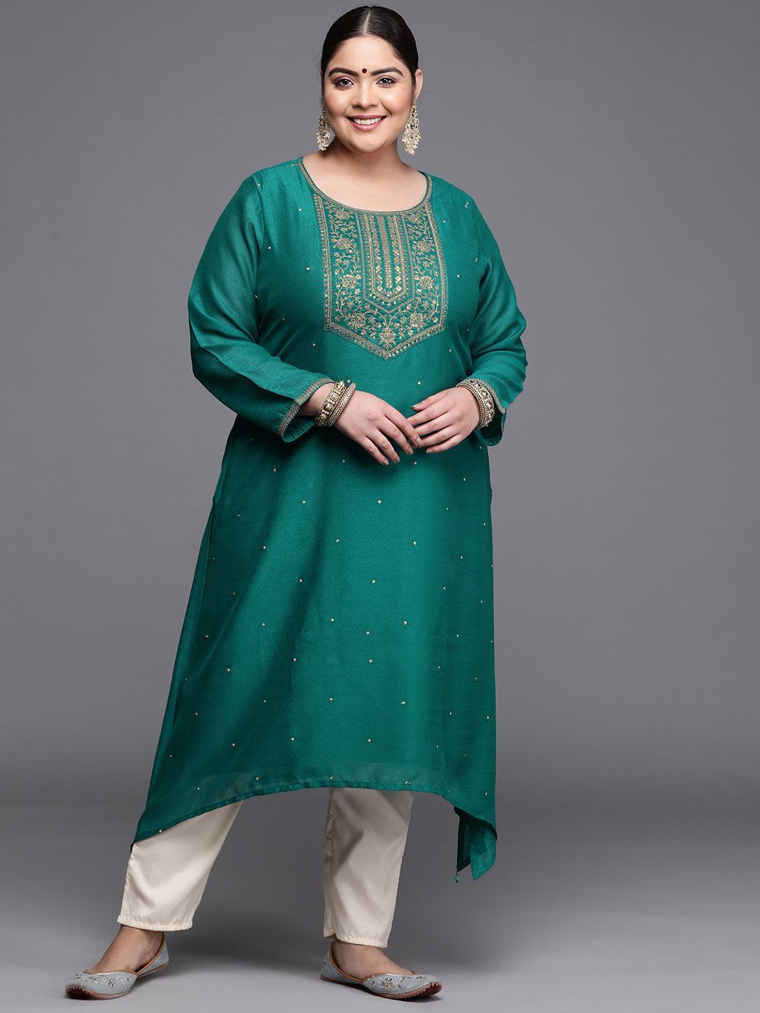 Plus Size Teal Yoke Design Silk Kurta