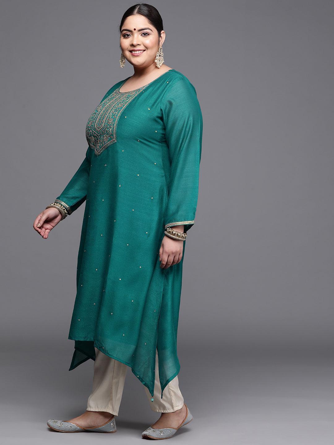 Plus Size Teal Yoke Design Silk Kurta