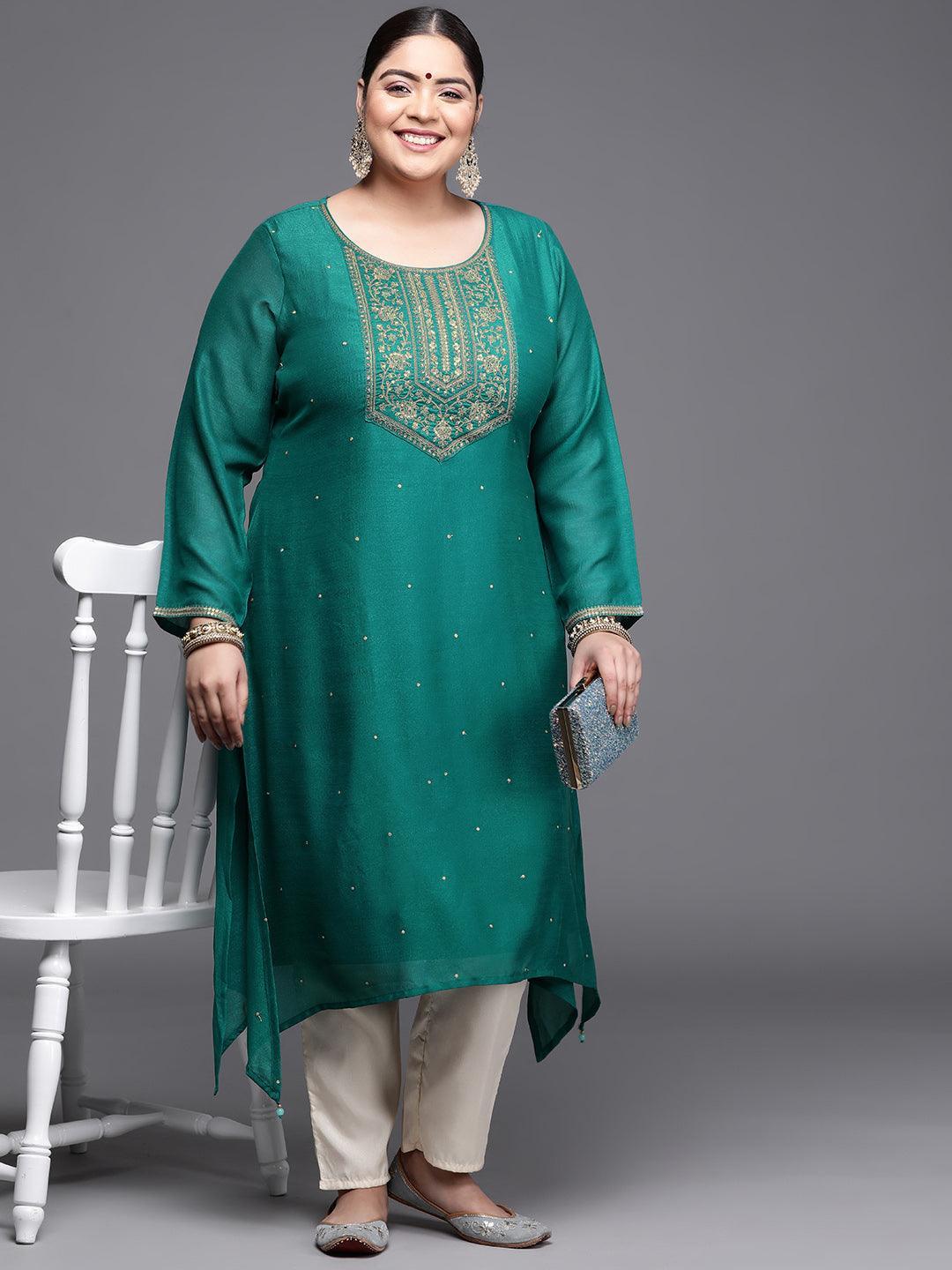 Plus Size Teal Yoke Design Silk Kurta