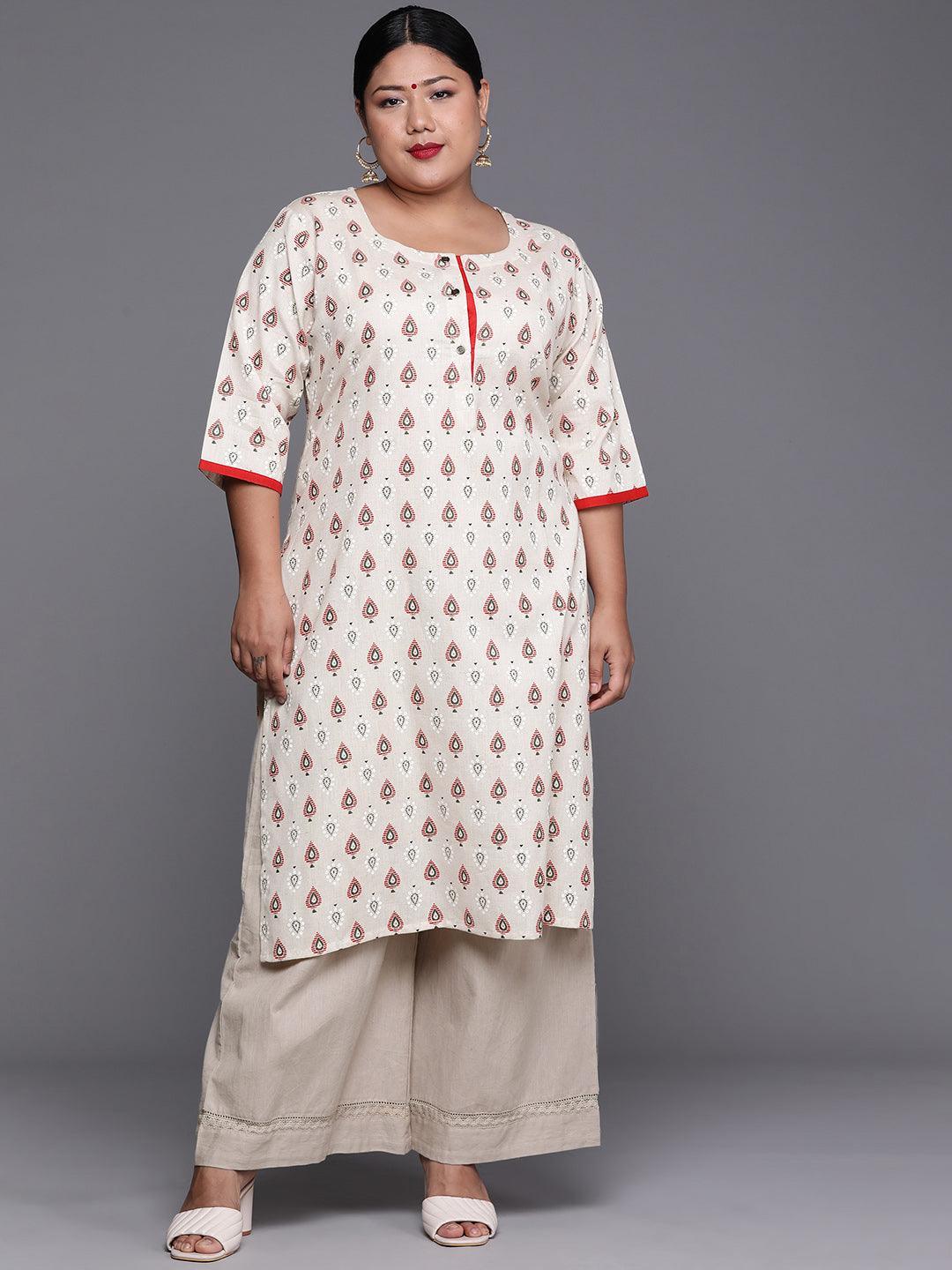 Plus Size White Printed Cotton Kurta