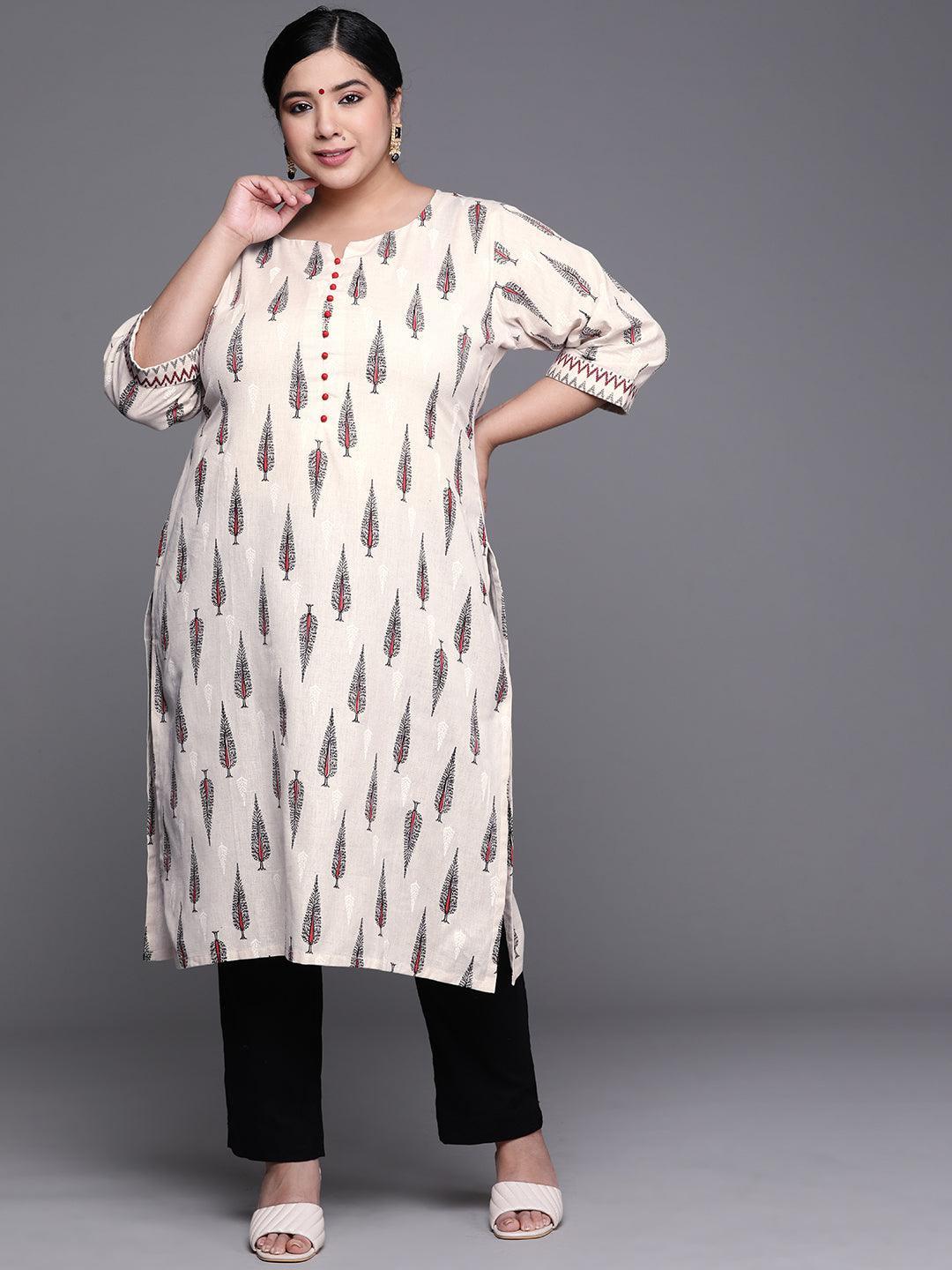 Plus Size White Printed Cotton Kurta