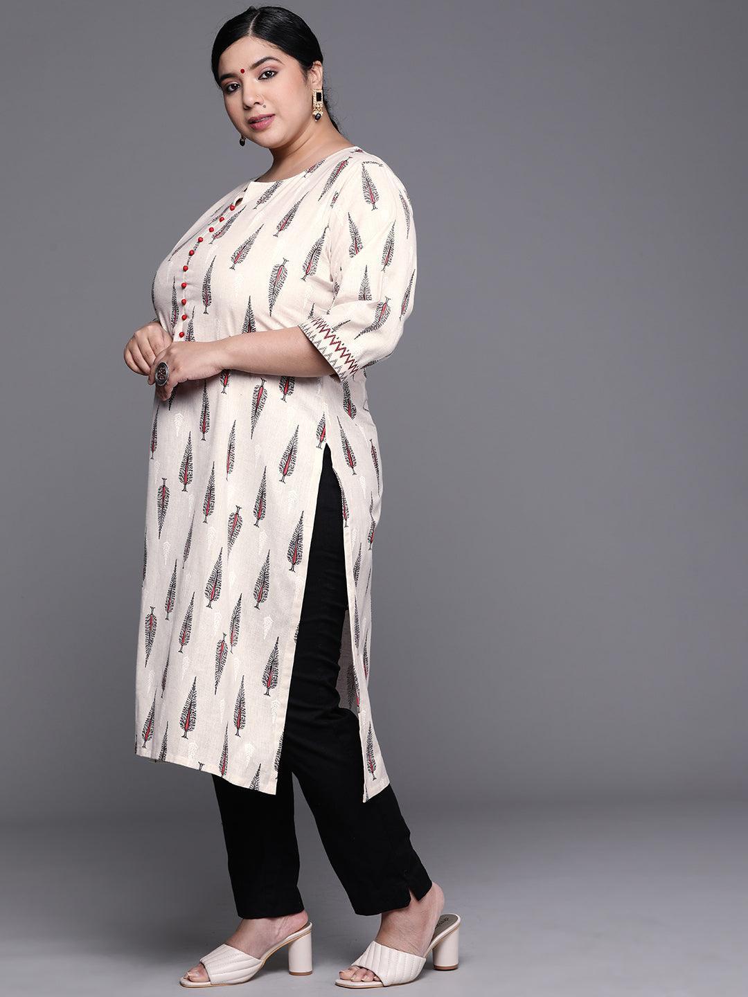 Plus Size White Printed Cotton Kurta