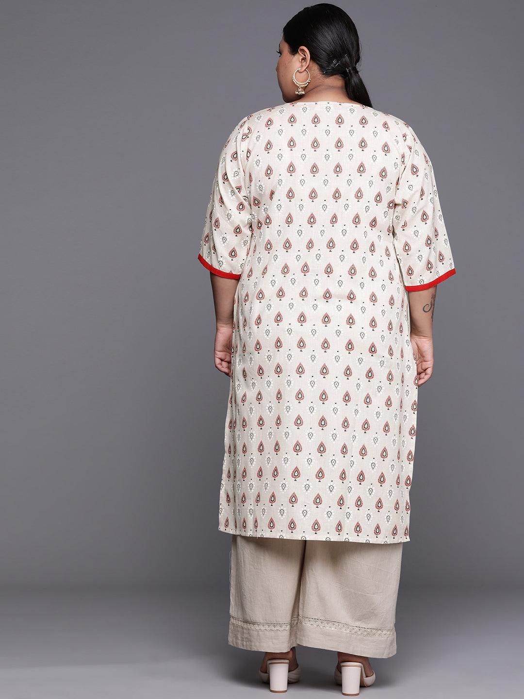 Plus Size White Printed Cotton Kurta