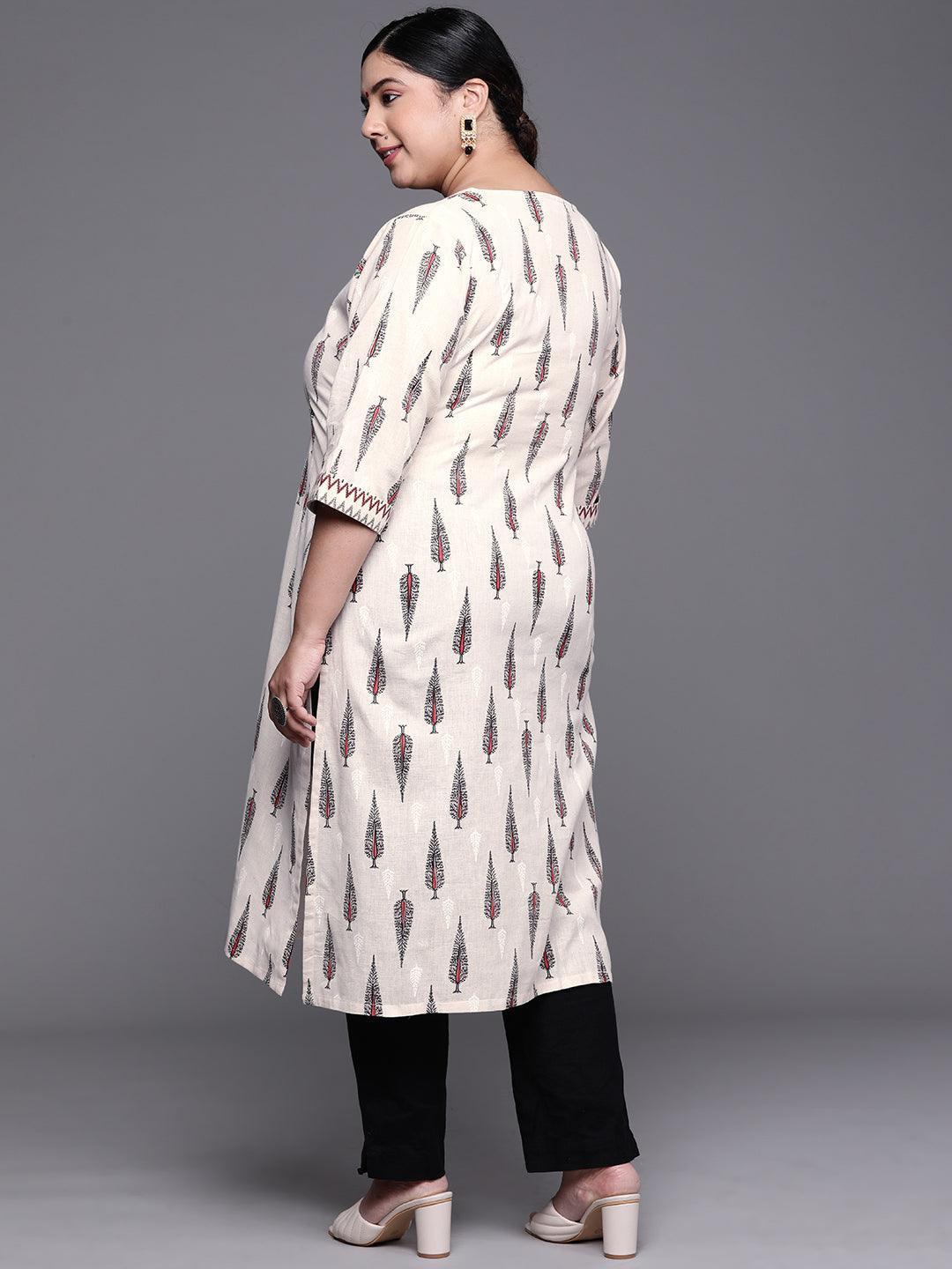 Plus Size White Printed Cotton Kurta