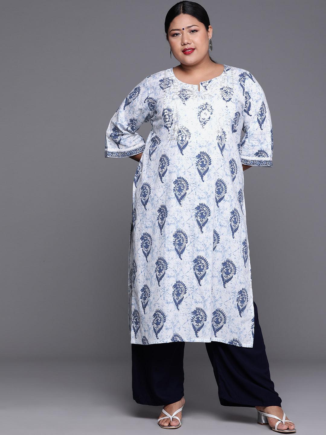 Plus Size White Yoke Design Cotton Kurta